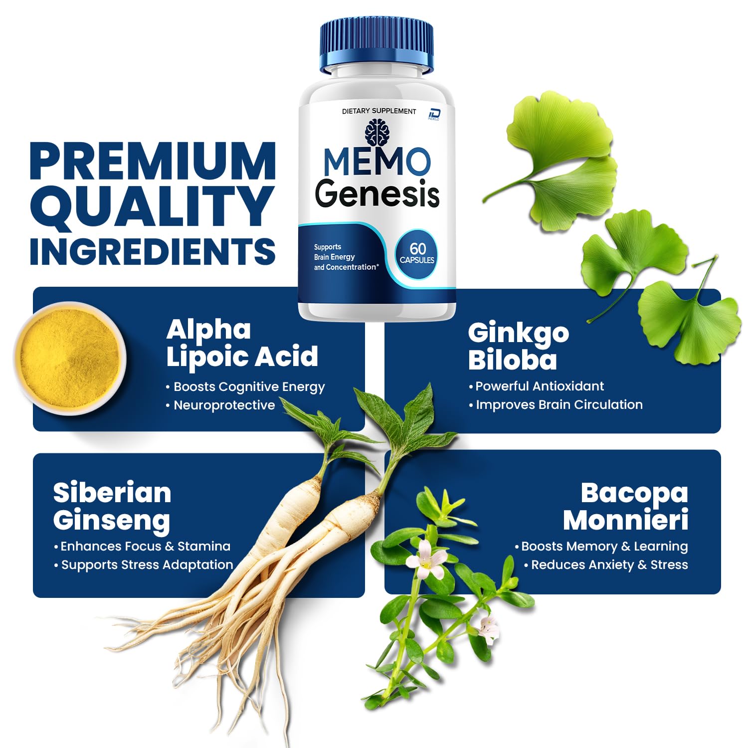 Indelo Memo Genesis Brain Supplement Capsules opened bottle
