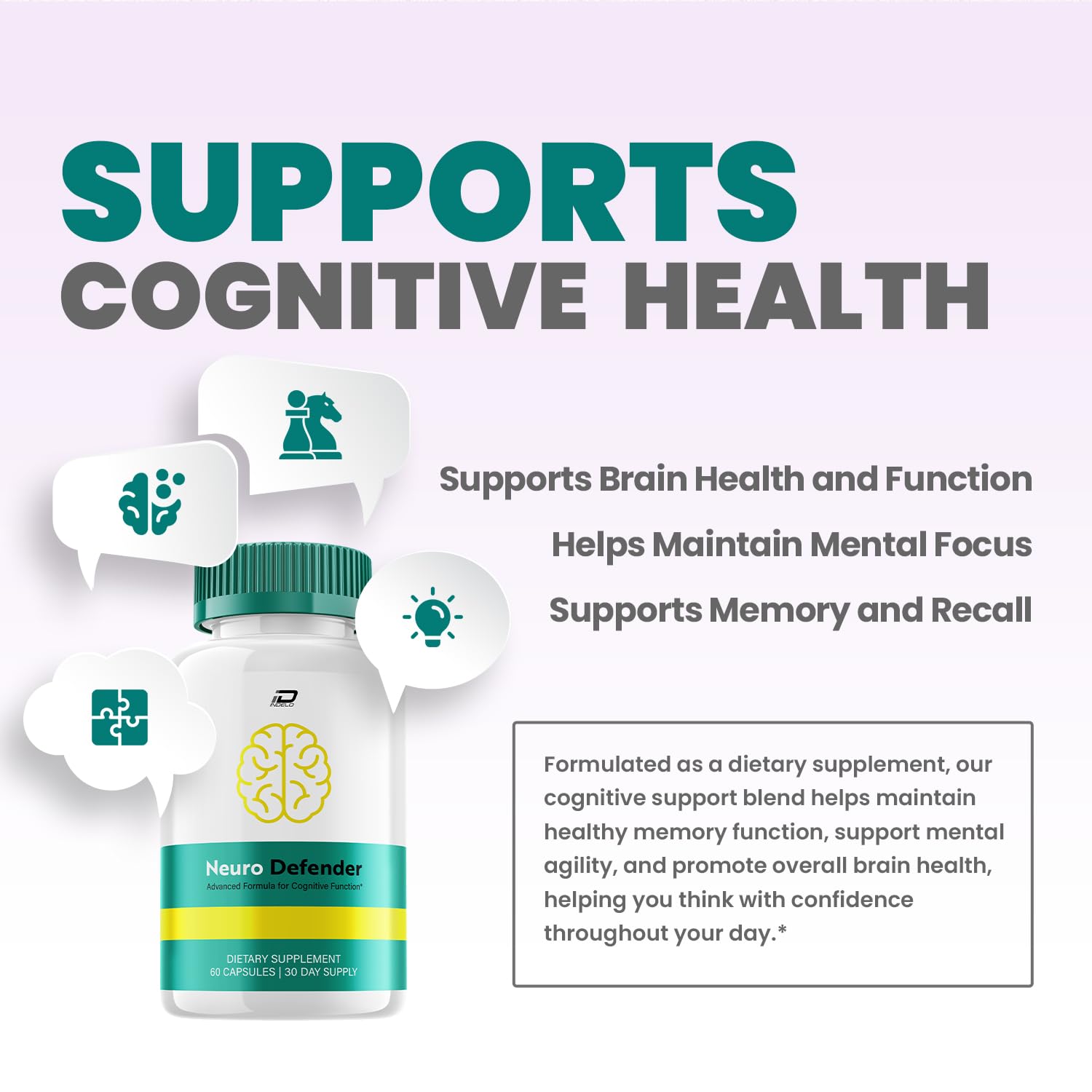 Indelo Neuro Defender Brain Supplement Capsules bottle with label