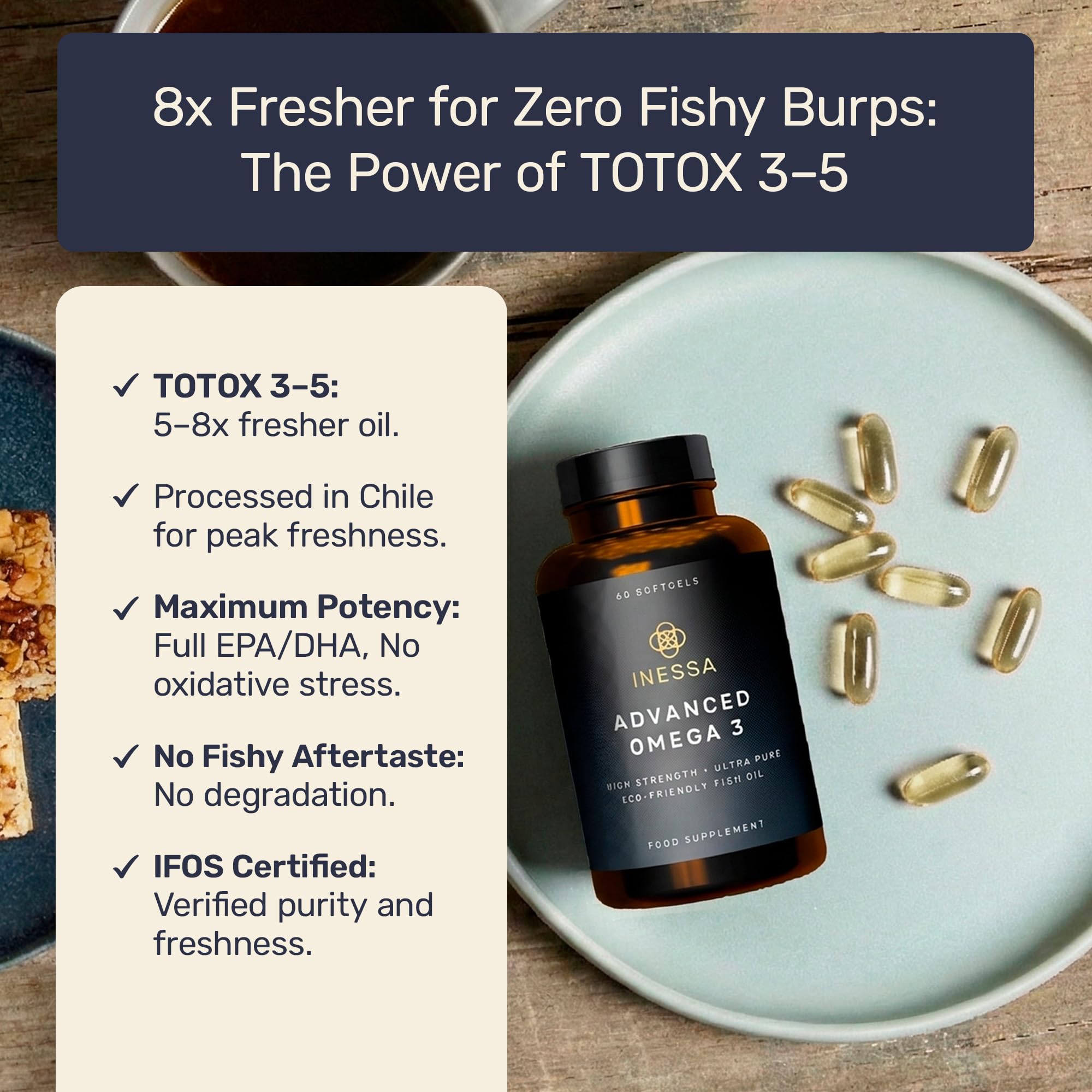 Inessa Omega 3 Fish Oil Capsules 1200mg on a wooden table
