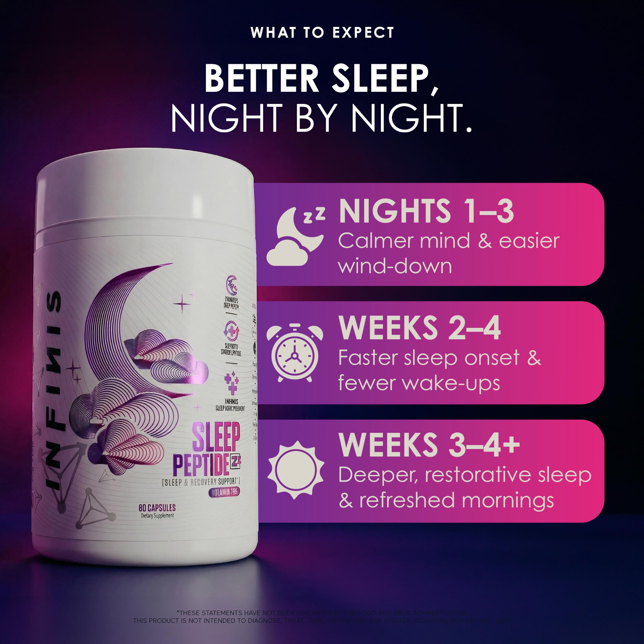 INFINIS Sleep Peptide ZZ capsule bottle with a measuring spoon