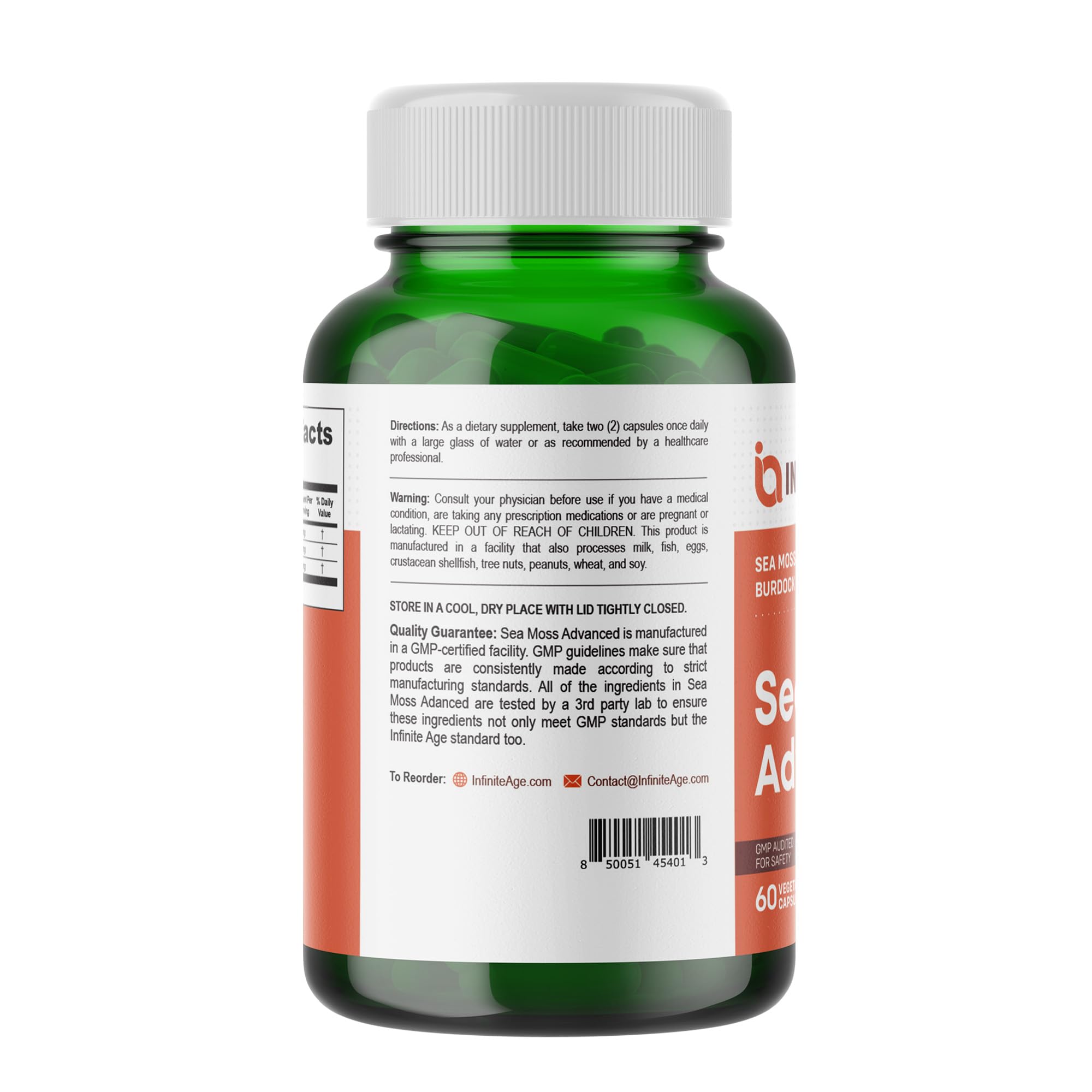 INFINITE AGE Sea Moss Capsules back view with ingredient list