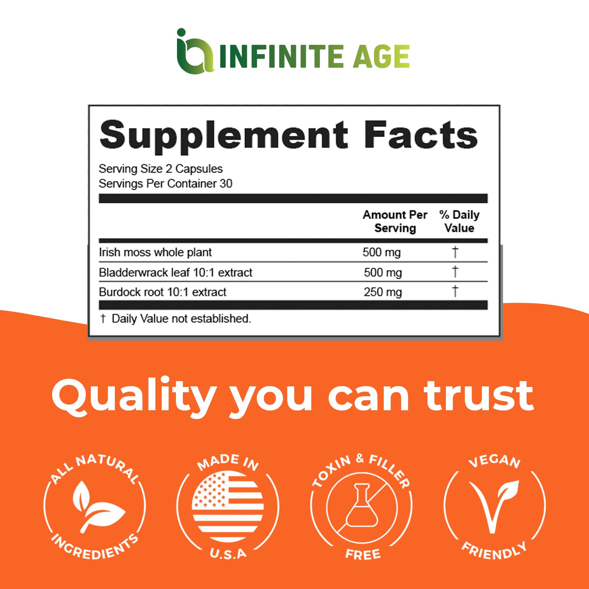 INFINITE AGE Sea Moss Capsules opened bottle with capsules visible
