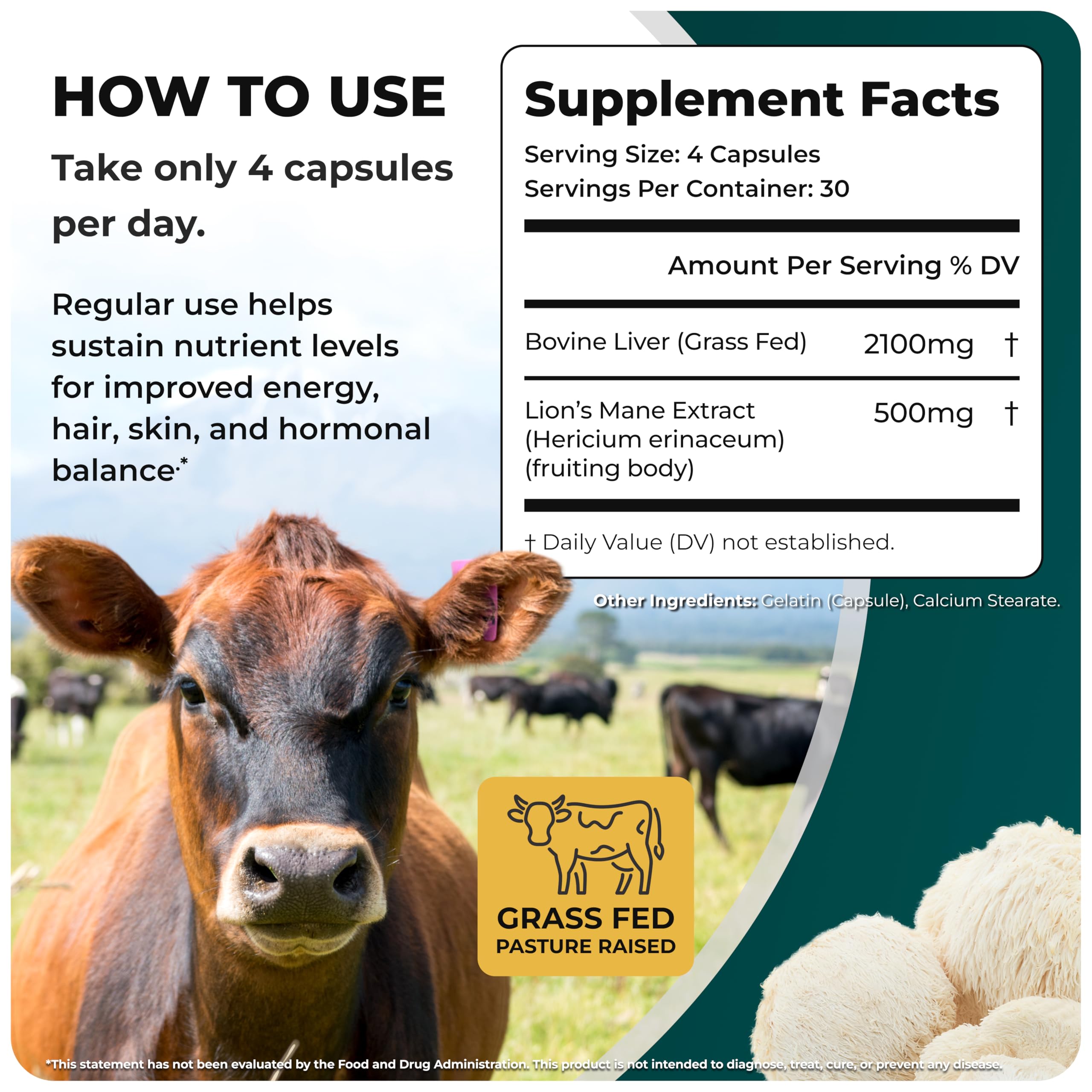 INFINITE PEAK Beef Liver Extract with Lion’s Mane capsule close-up