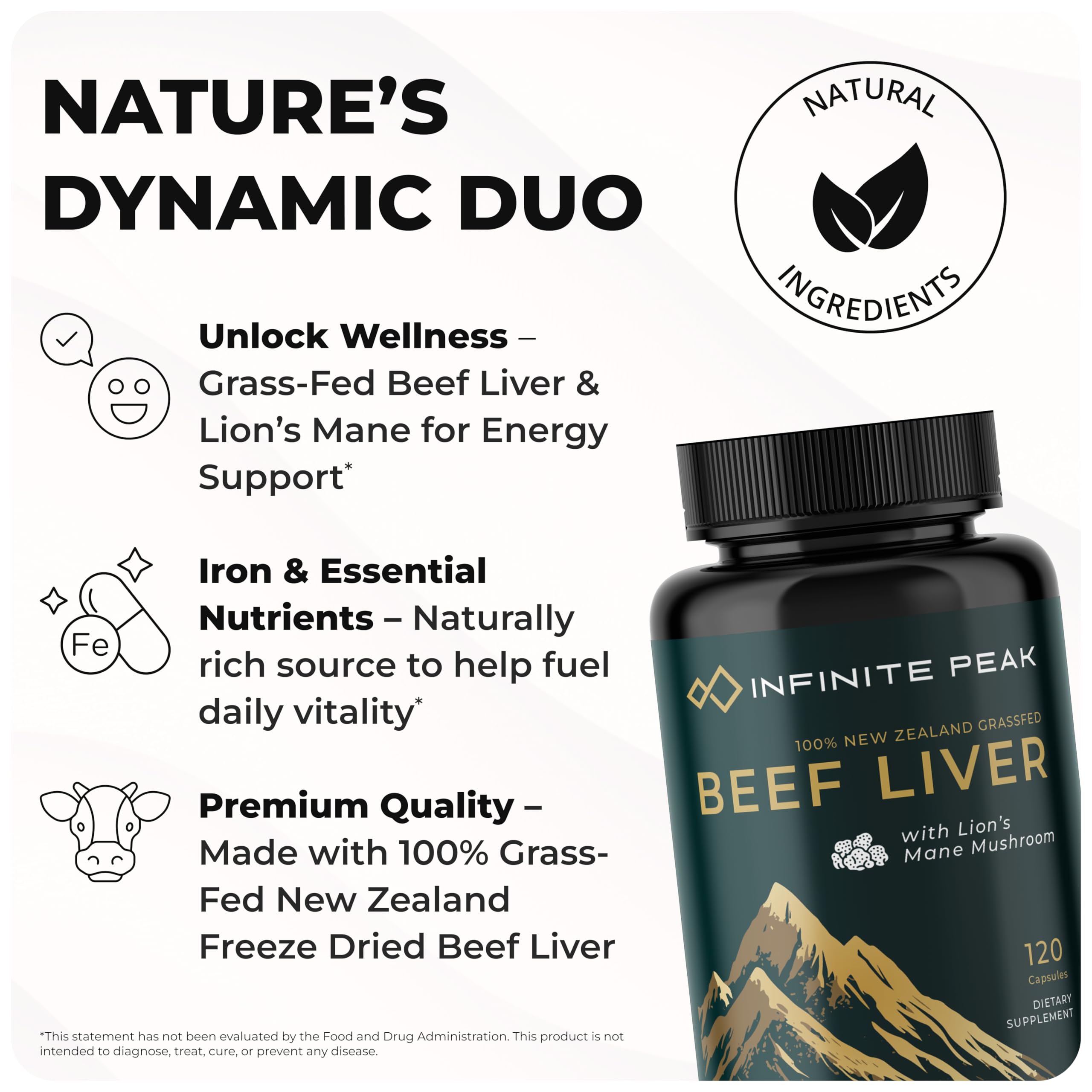 INFINITE PEAK Beef Liver Extract with Lion’s Mane side view