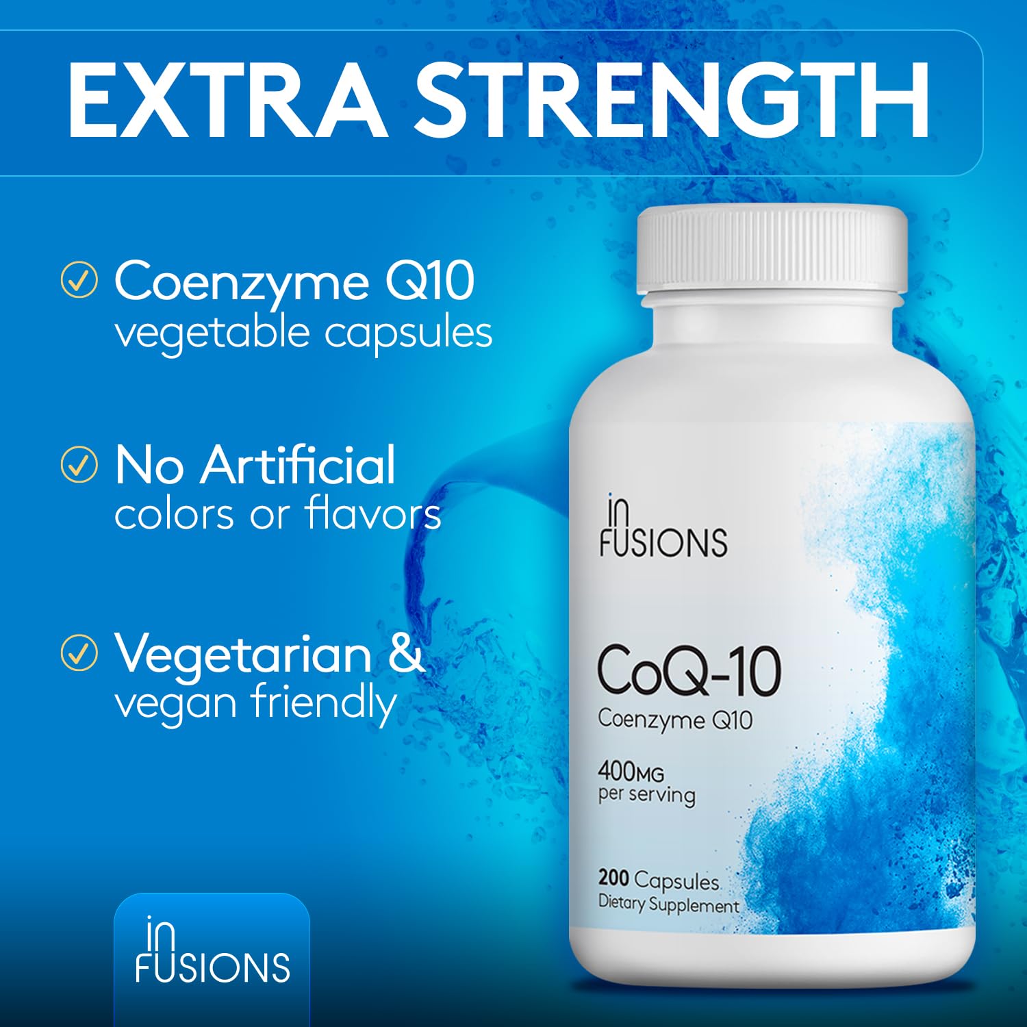 Infusions International CoQ10 supplement on a wooden table