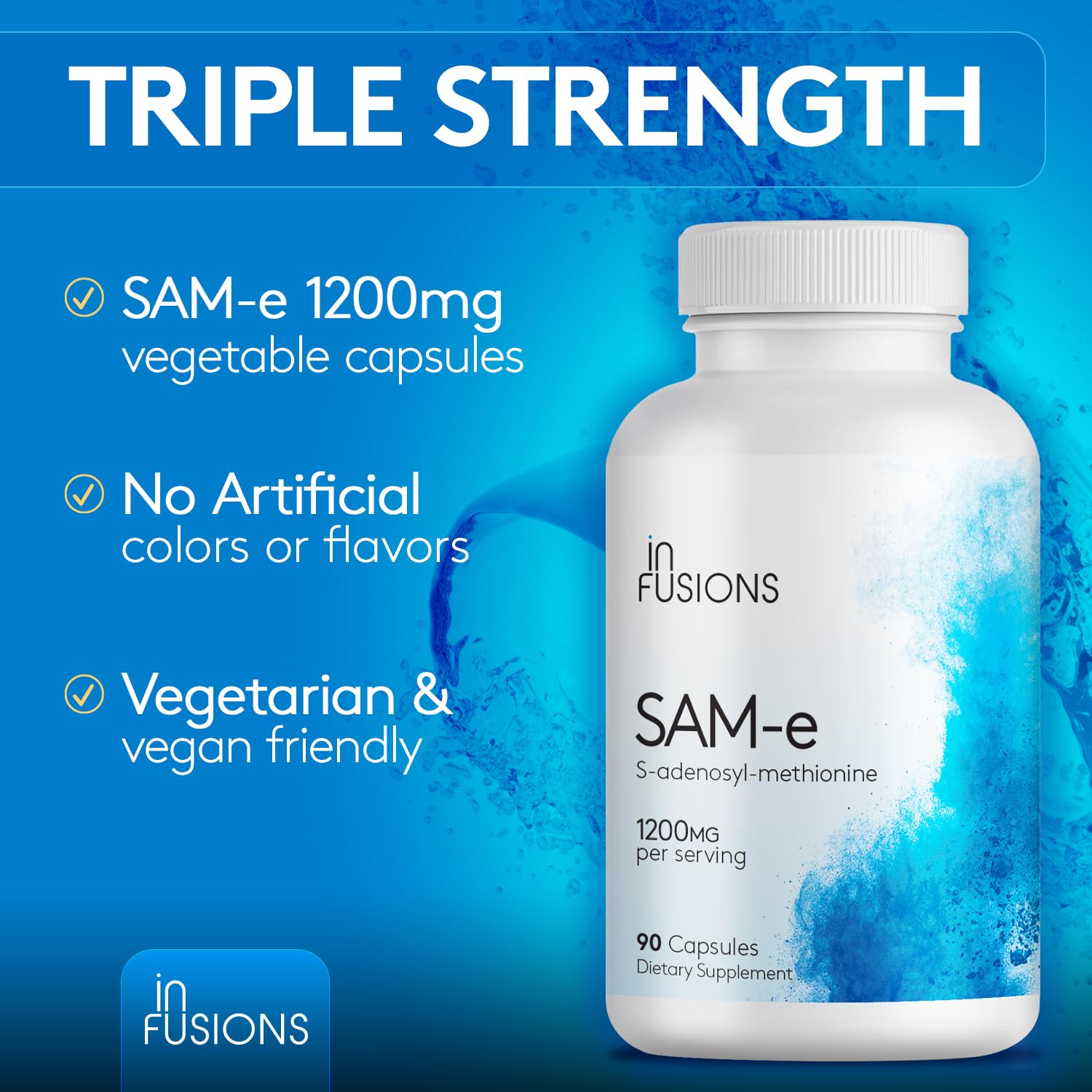 Infusions International SAM-e supplement on a wooden table