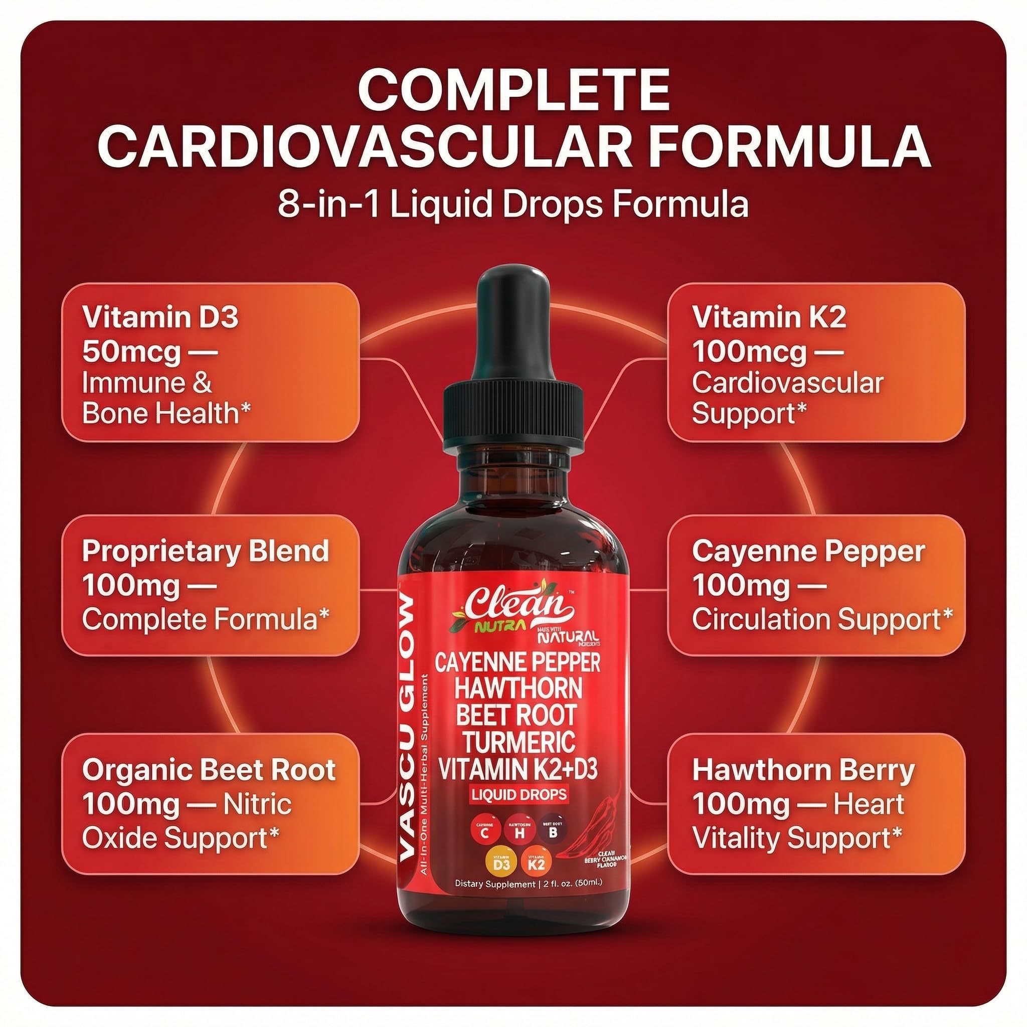 Ingredients list for Clean Nutraceuticals Vascu Glow Cayenne Pepper Liquid Drops