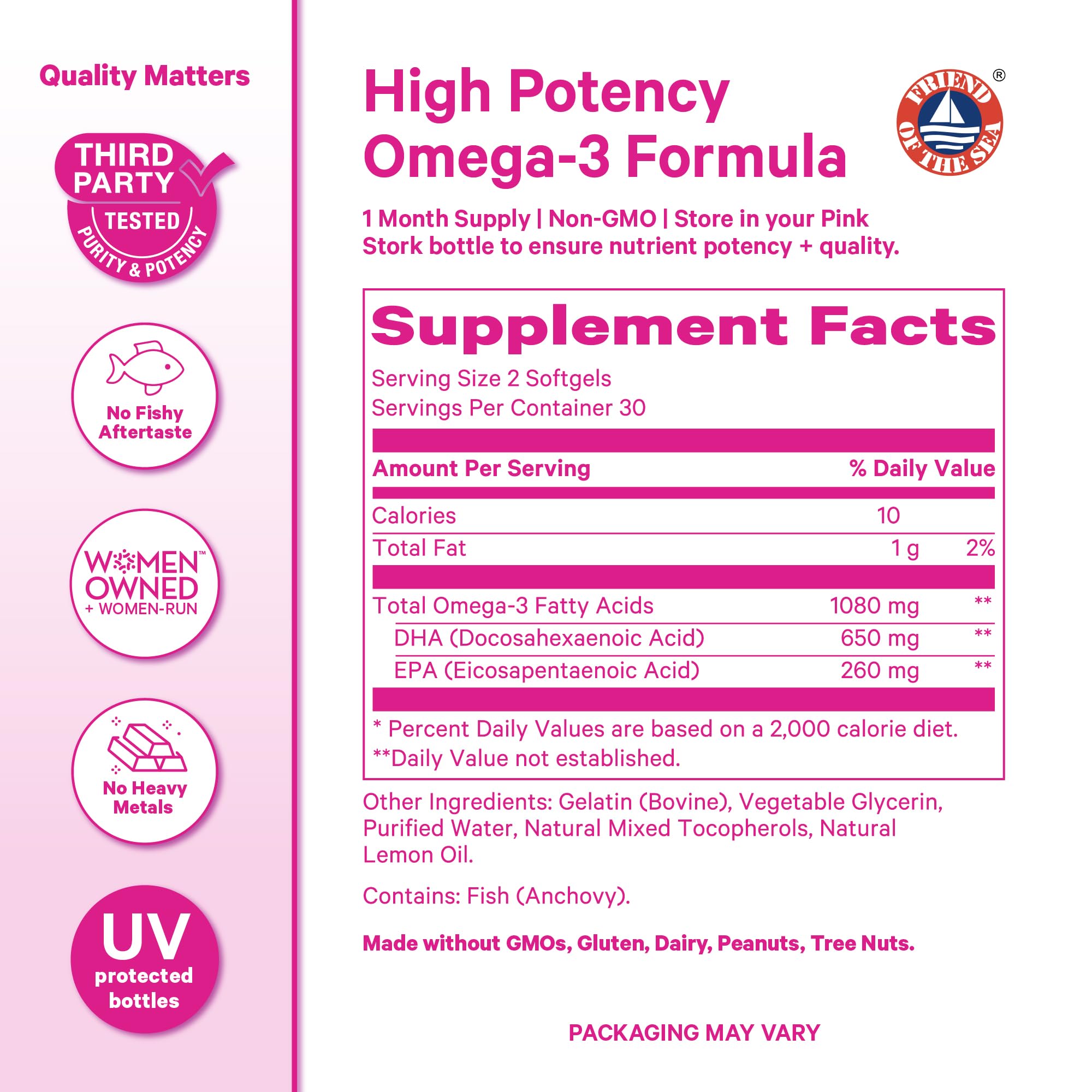 Ingredients list for Pink Stork Omega 3 Fish Oil
