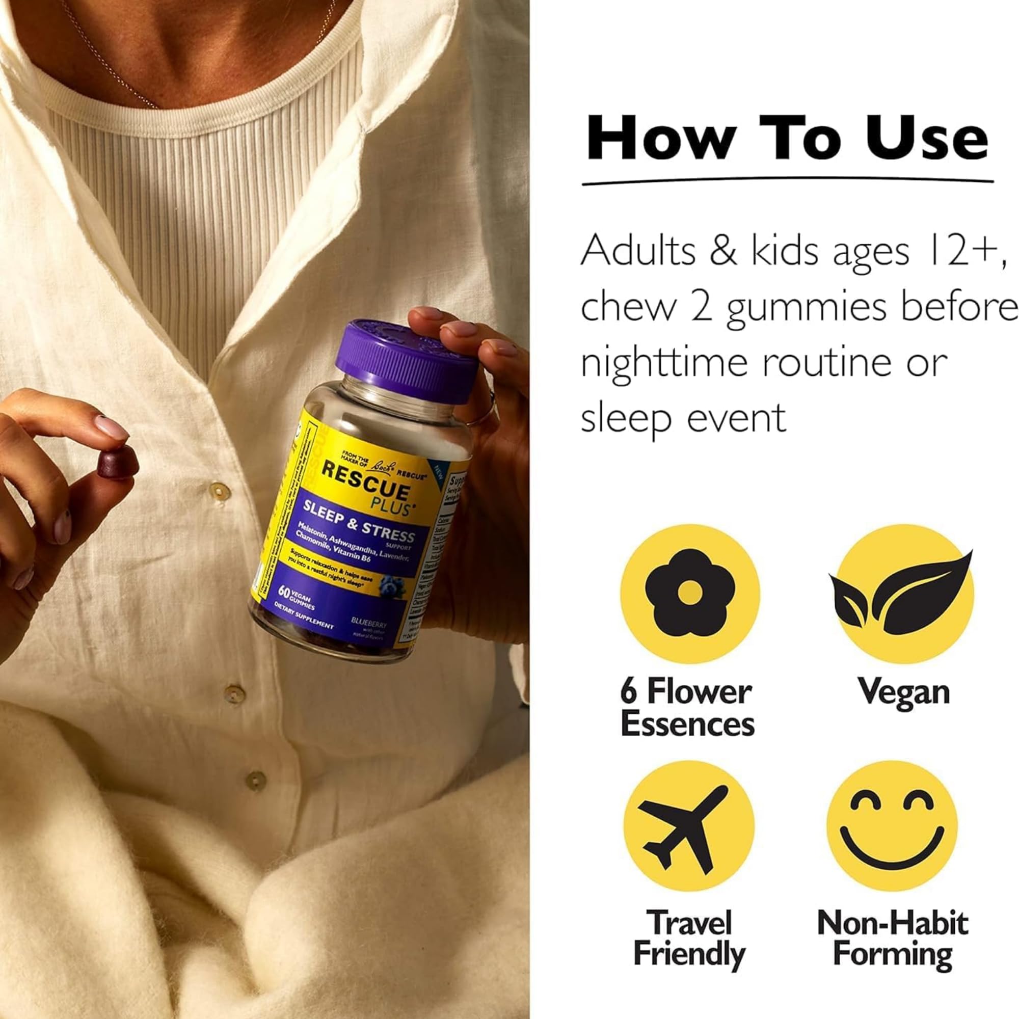 Ingredients list for RESCUE Plus Sleep & Stress Support Gummies
