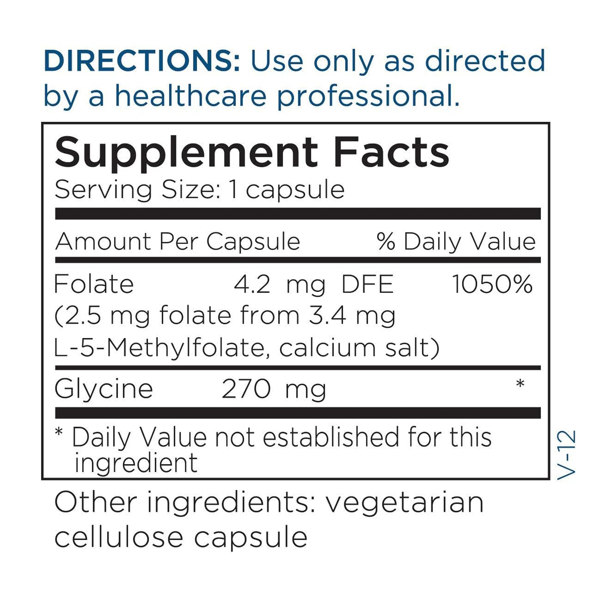 Ingredients list of a balanced routine Maintenance L-Methylfolate 2.5mg capsules