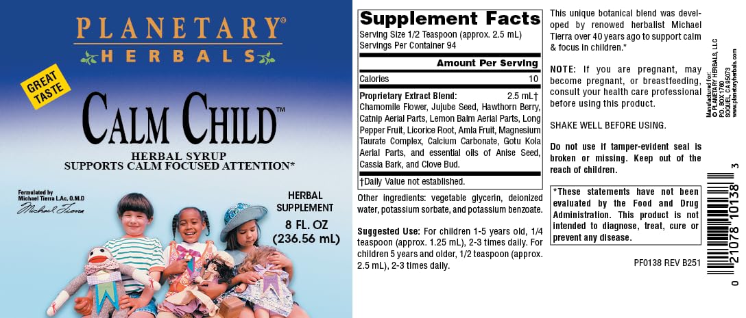 Ingredients list of Calm Child Herbal Syrup displayed