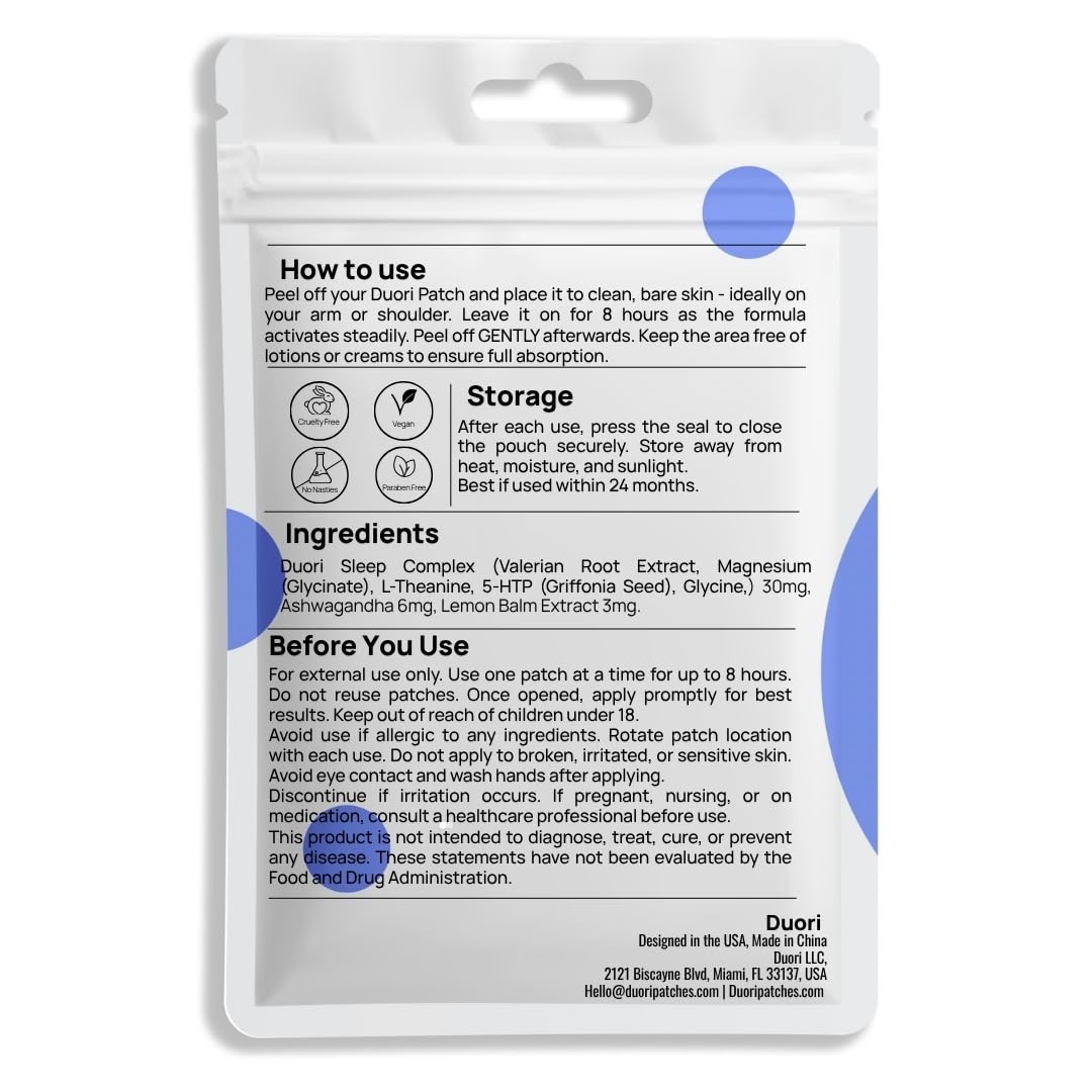 Ingredients list of DUORI Sleep Patches on packaging