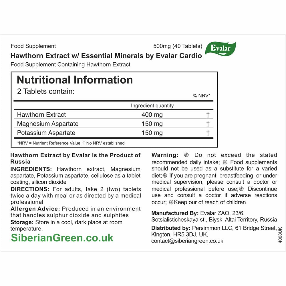 Ingredients list of Evalar Cardio Active Hawthorn Supplement