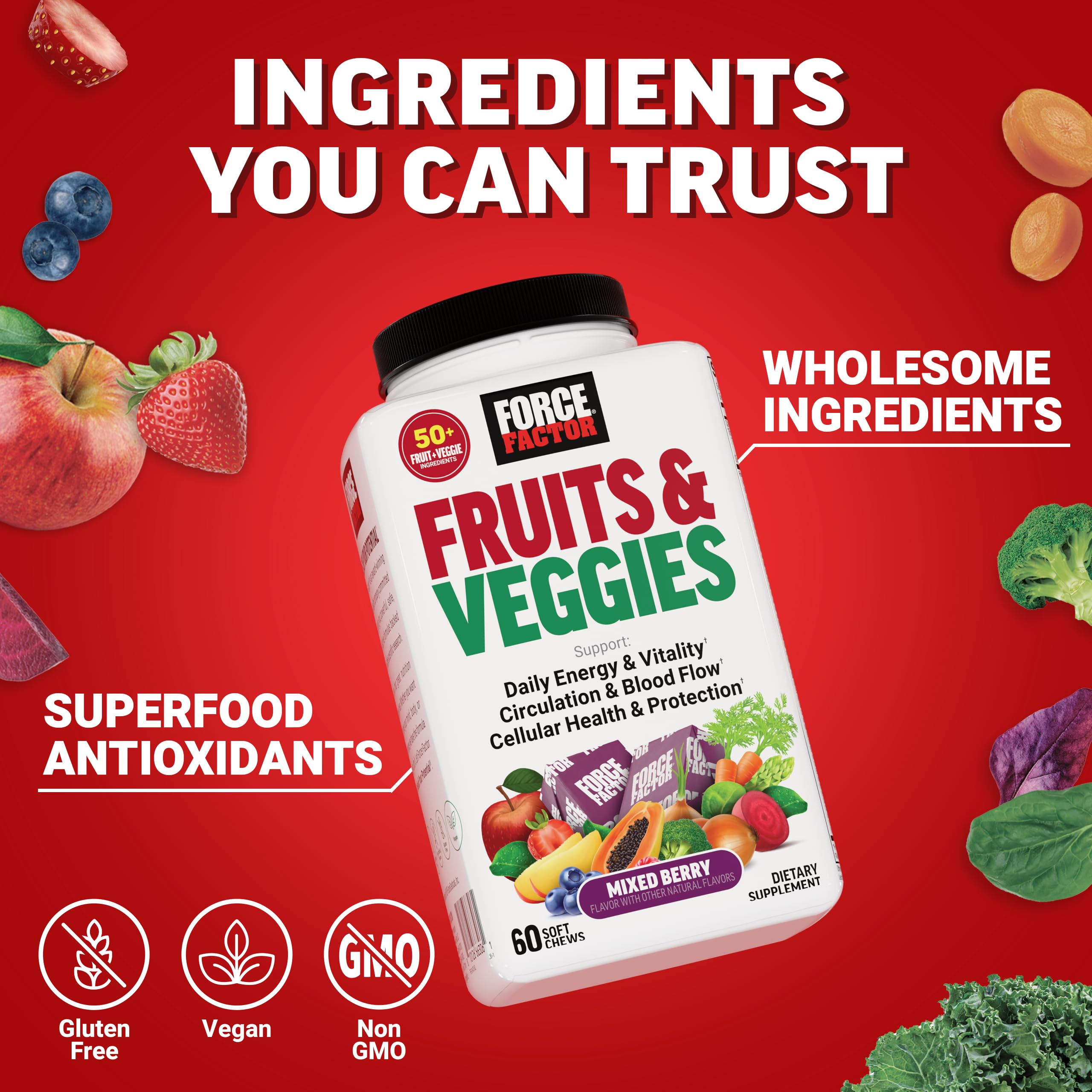 Ingredients list of Force Factor Fruits & Veggies Soft Chews