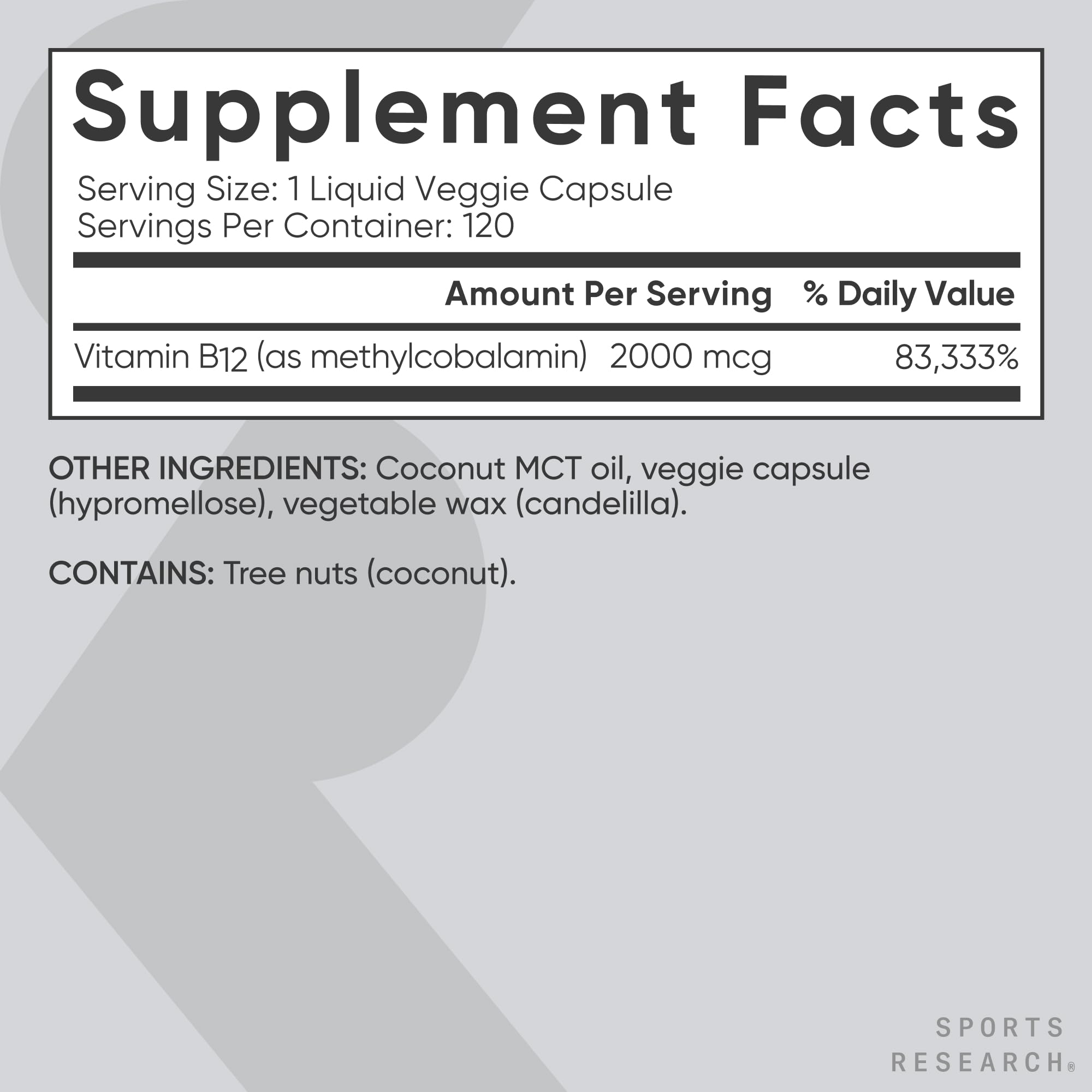 Ingredients list of Sports Research Methyl B12 Liquid Veggie Capsules