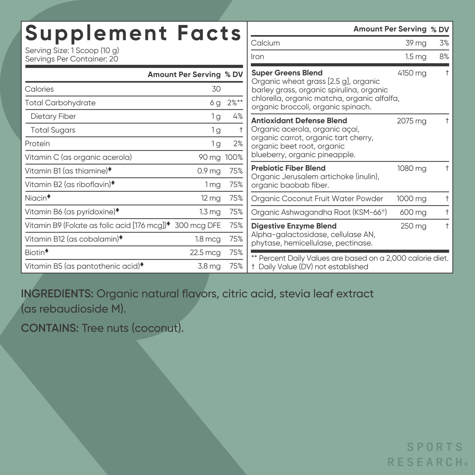Ingredients list of Sports Research Spirulina Greens Powder