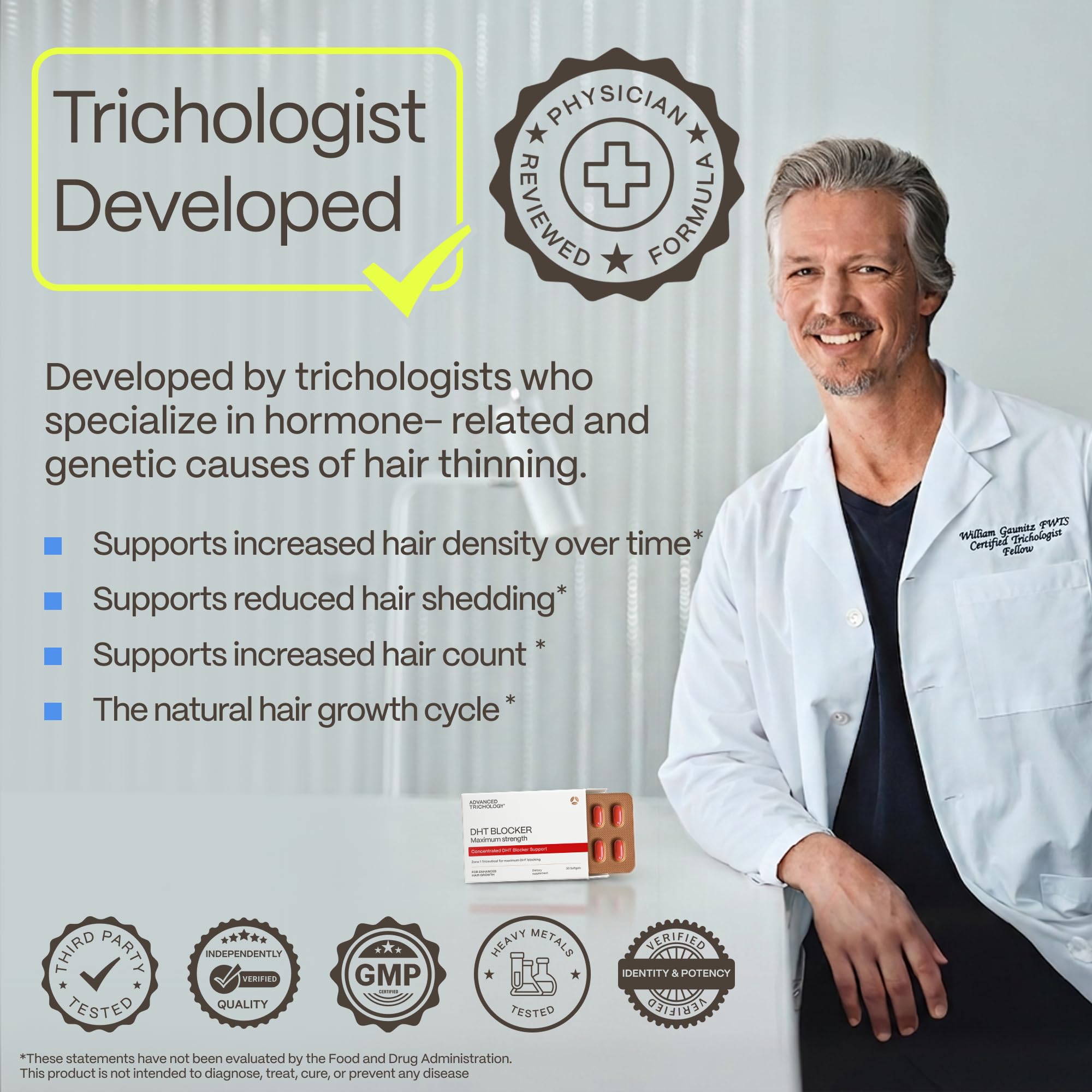 Ingredients list on Advanced Trichology DHT Blocker Supplement packaging