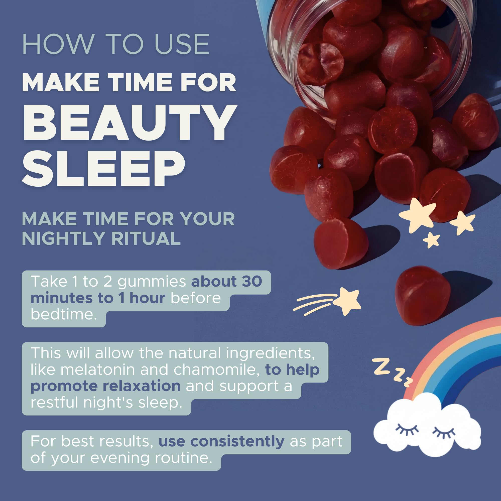 Ingredients list on MAKE TIME Beauty Sleep Gummies packaging