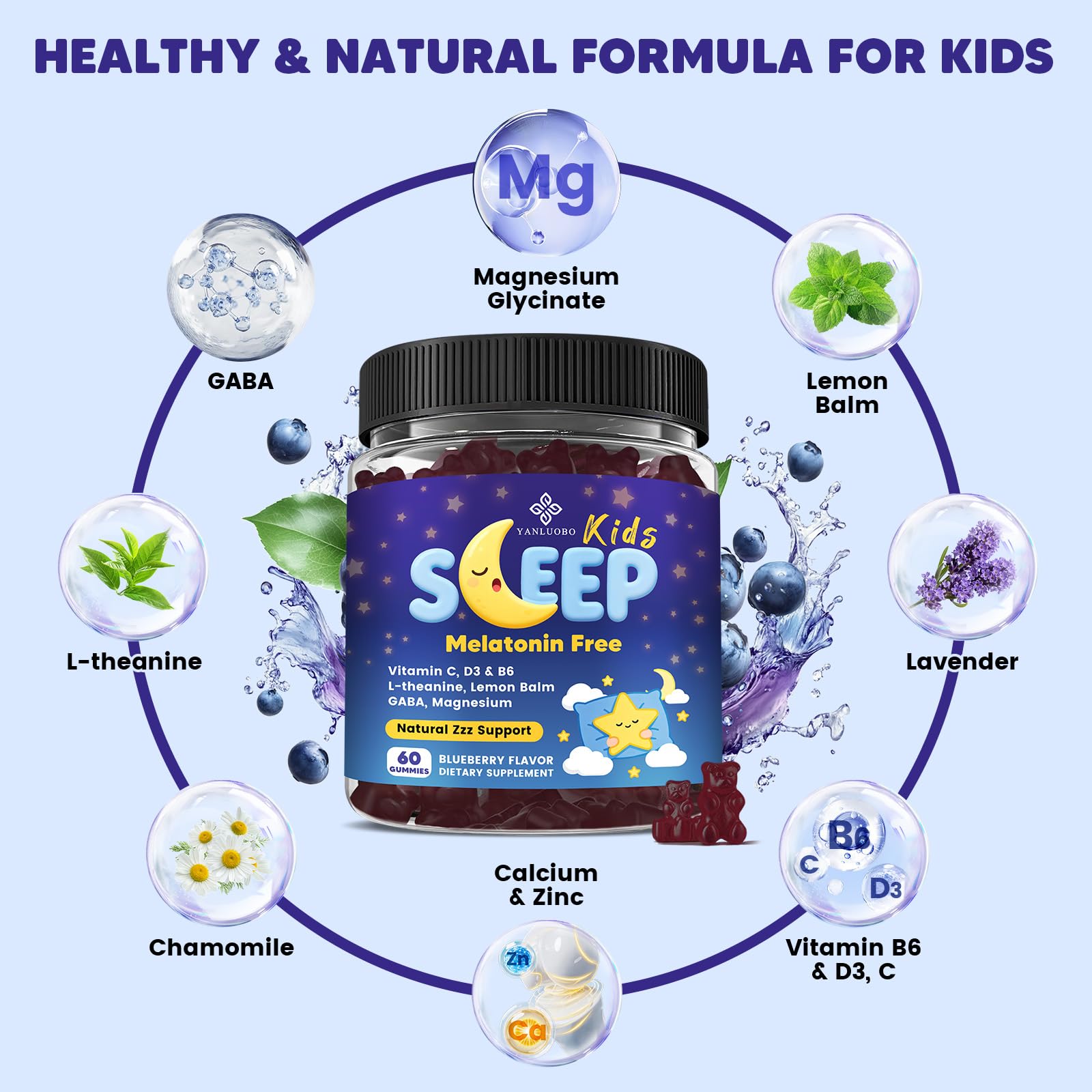 Ingredients list on YANLUOBO Kids Sleep Gummies packaging