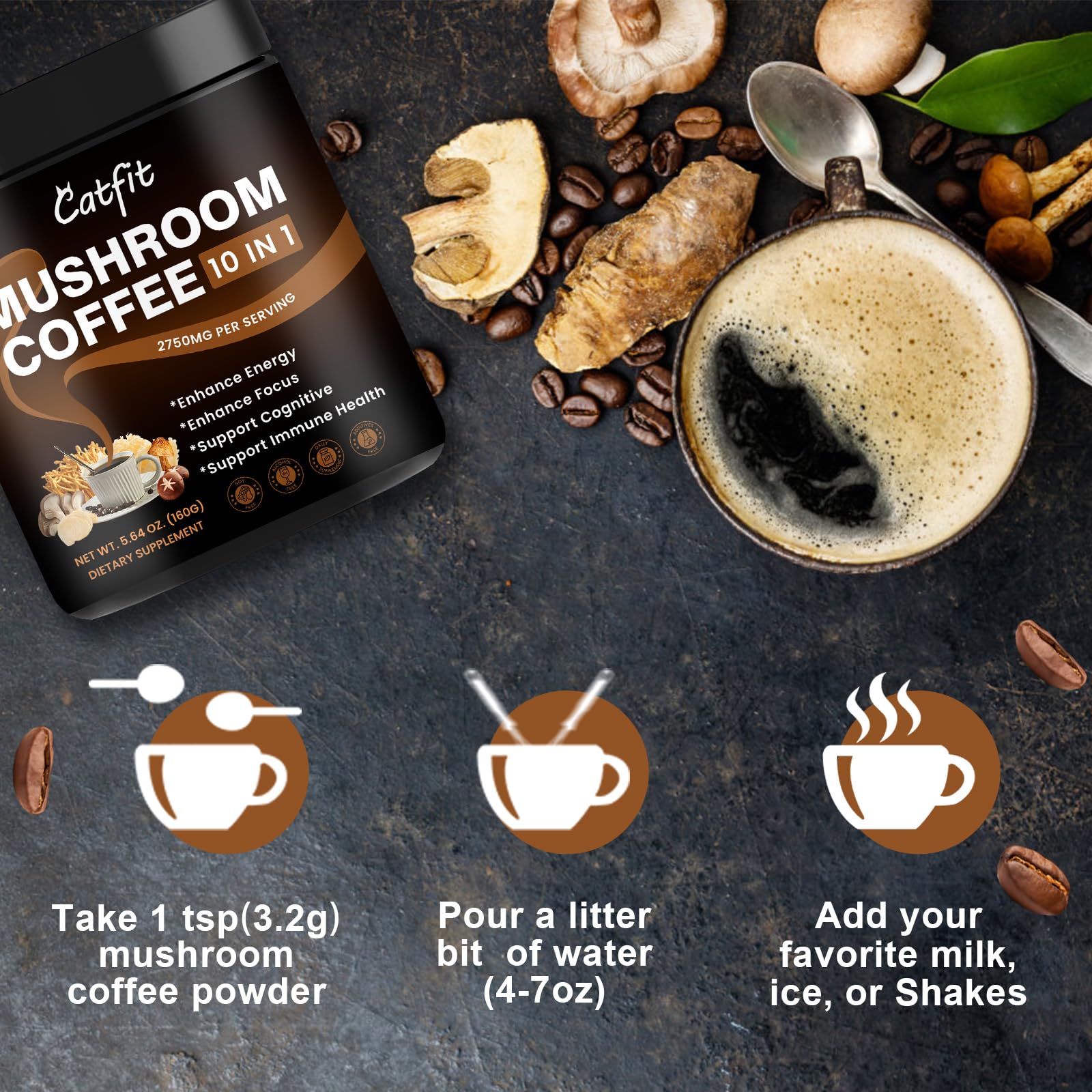 Ingredients of Catfit Mushroom Coffee on packaging