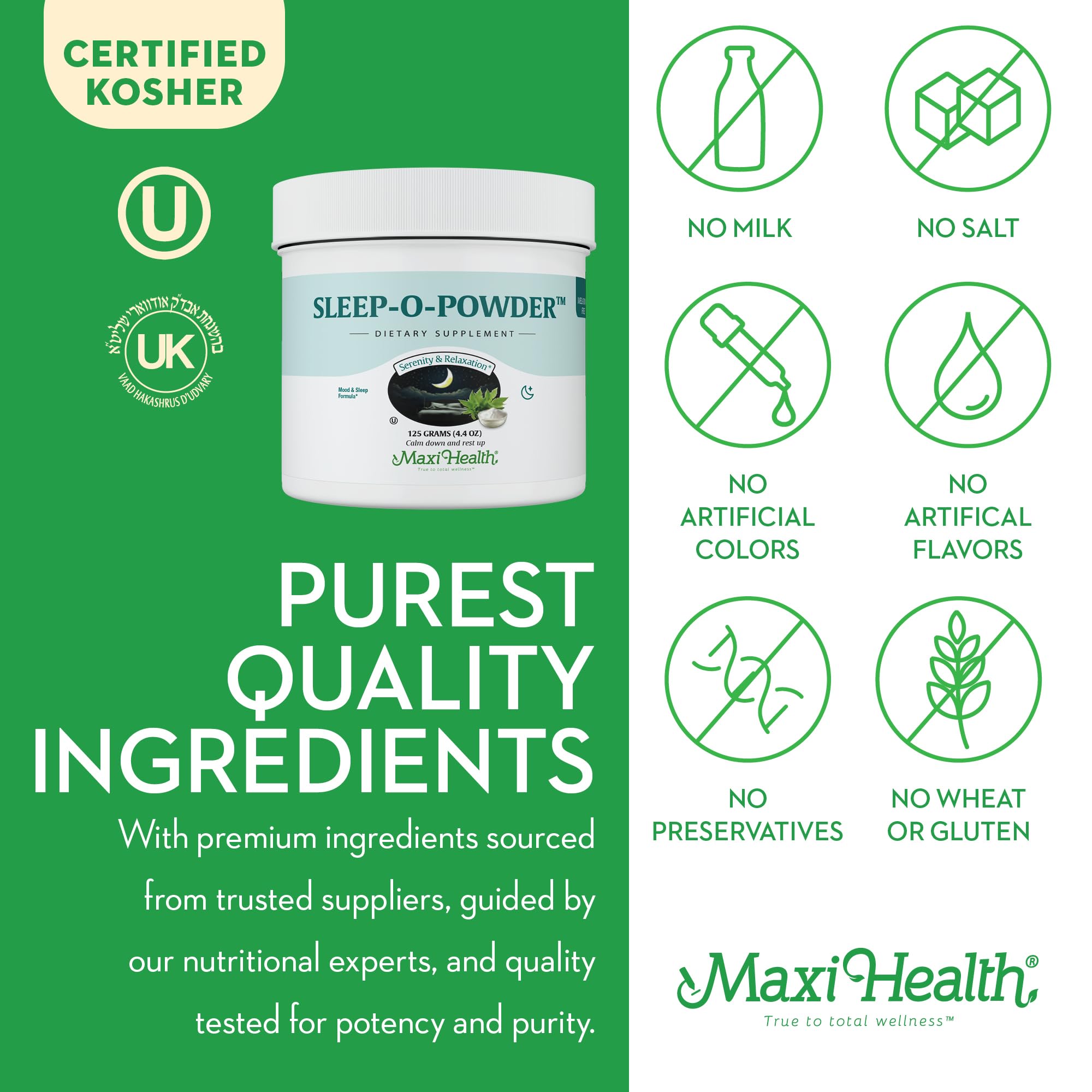 Ingredients of Maxi Health Sleep-O-Powder displayed