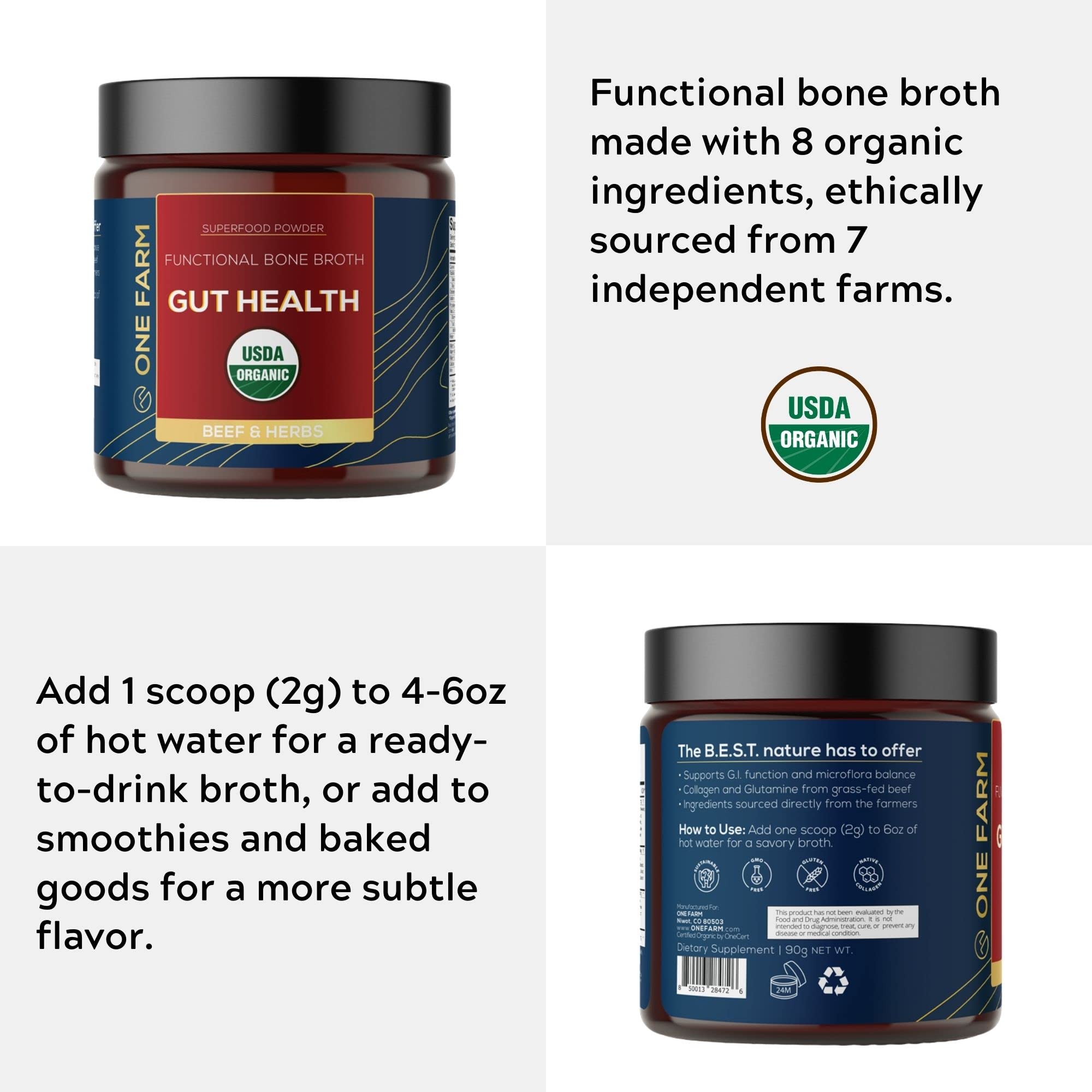 Ingredients of One Farm Organic Bone Broth displayed on packaging