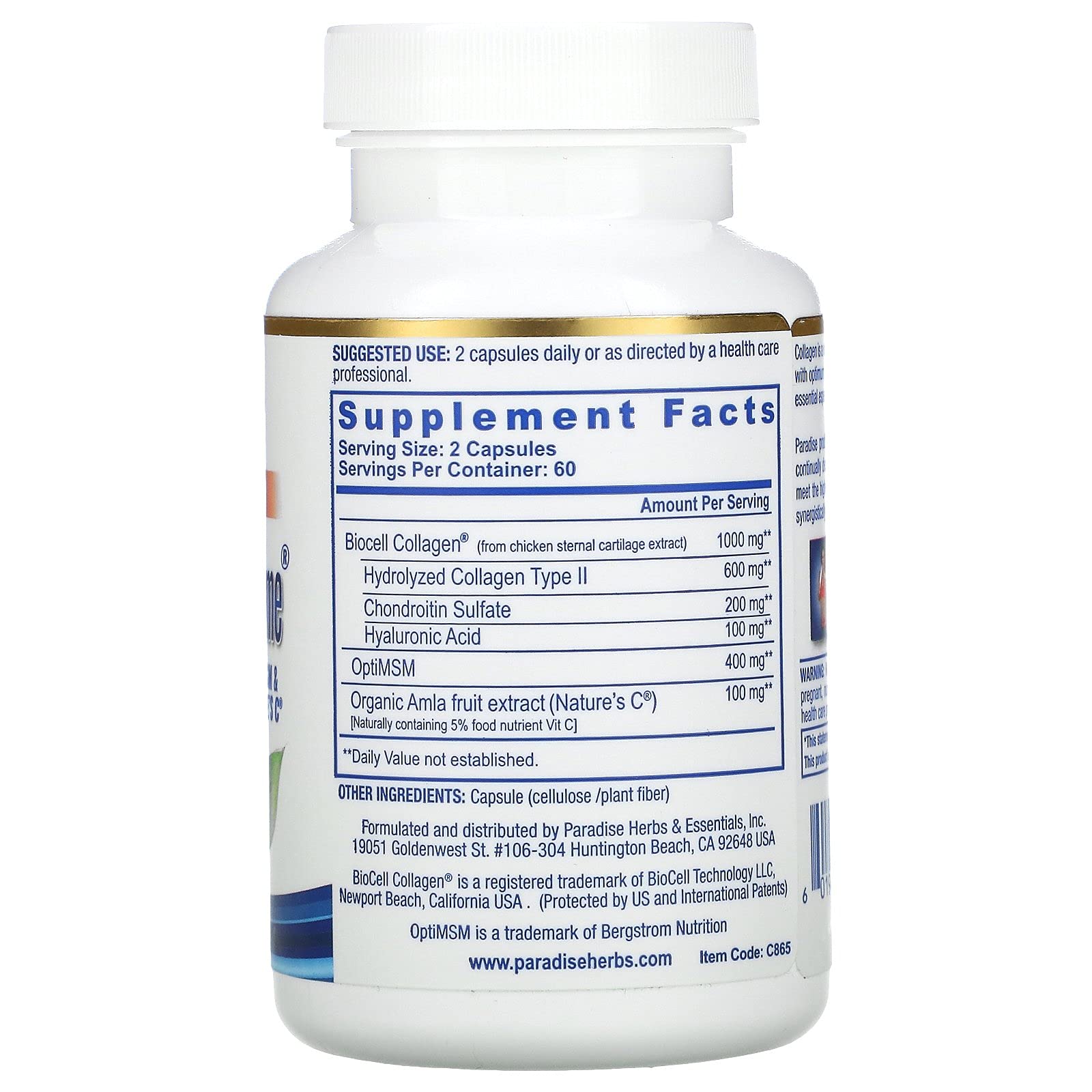 Ingredients of Paradise Herbs BioCell Collagen Capsules