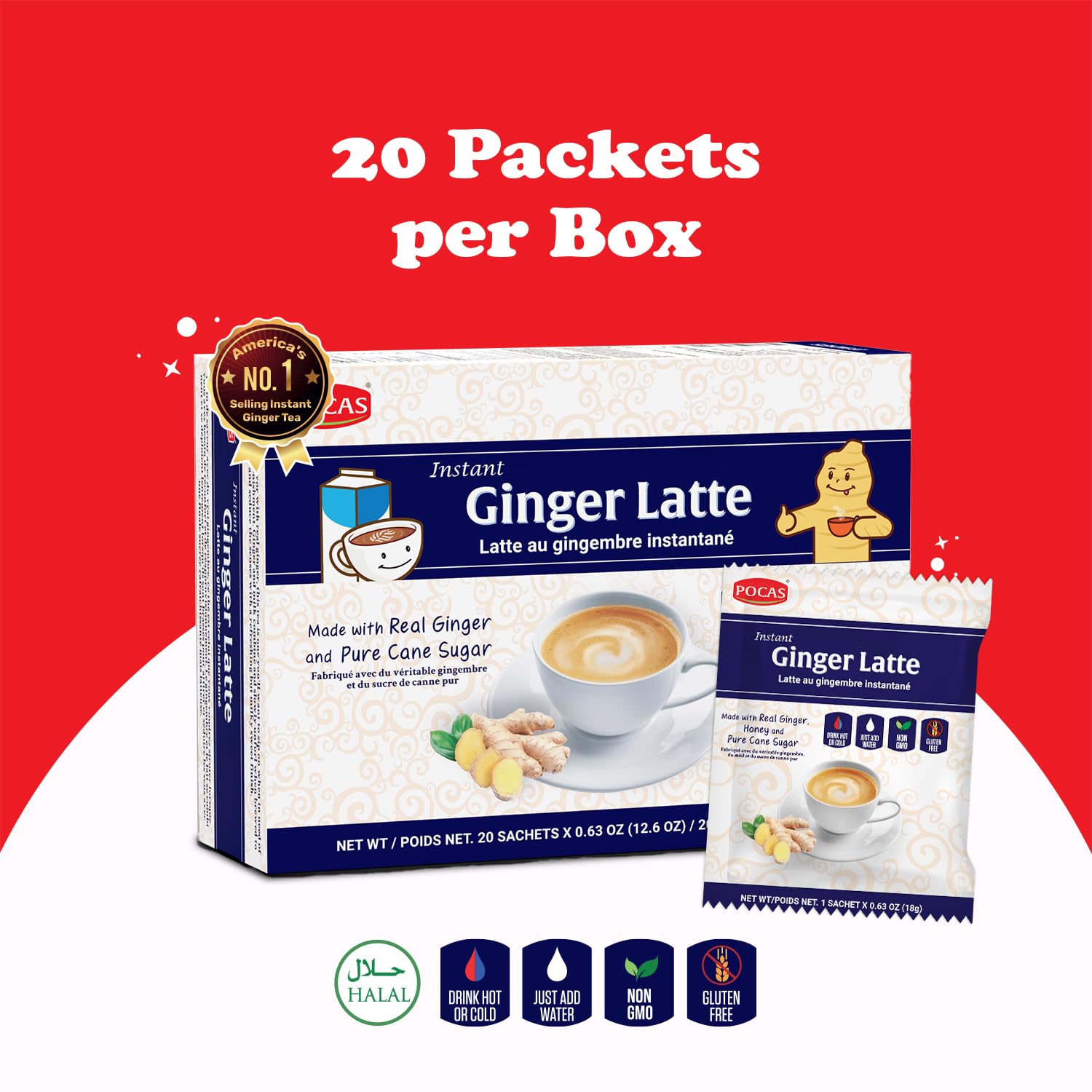Ingredients of Pocas Ginger Latte displayed