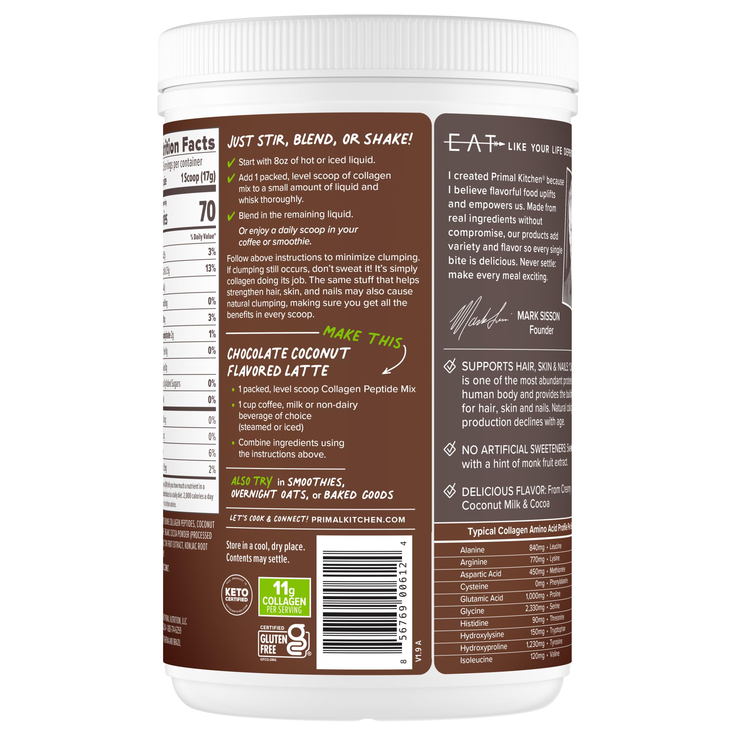 Ingredients of Primal Kitchen Chocolate Coconut Collagen Fuel Drink Mix