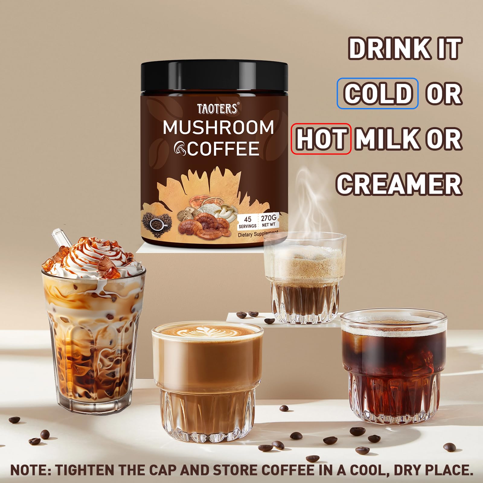 Ingredients of TAOTERS Mushroom Coffee Blend displayed