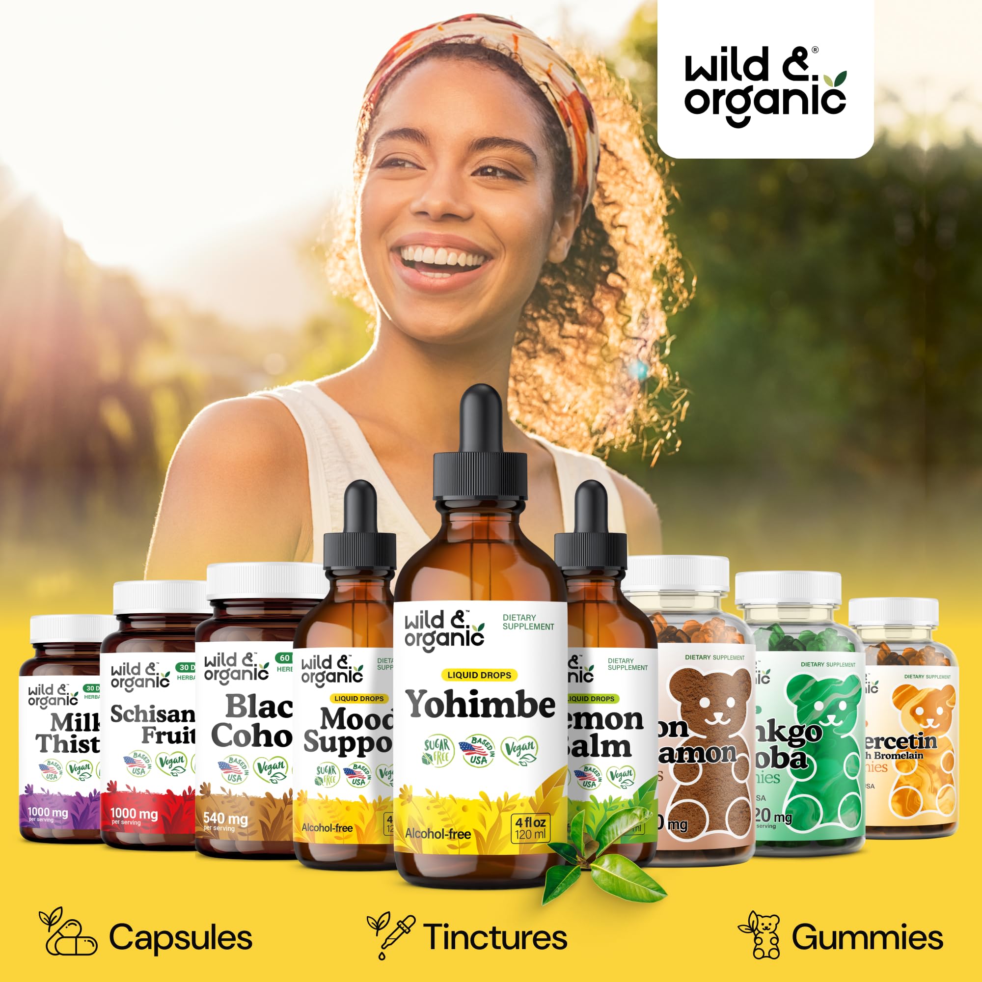 Ingredients of Wild & Organic Yohimbe Drops displayed