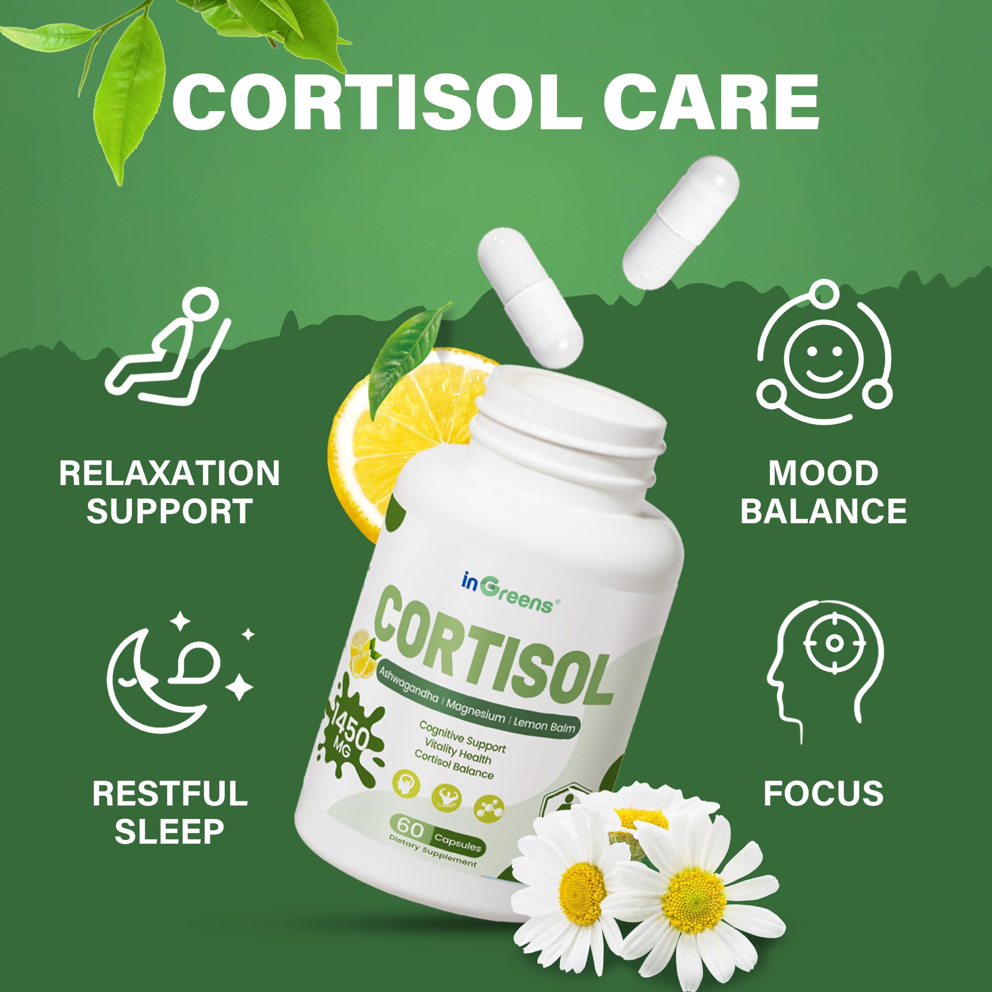inGreens Cortisol Supplement capsules on a wooden table