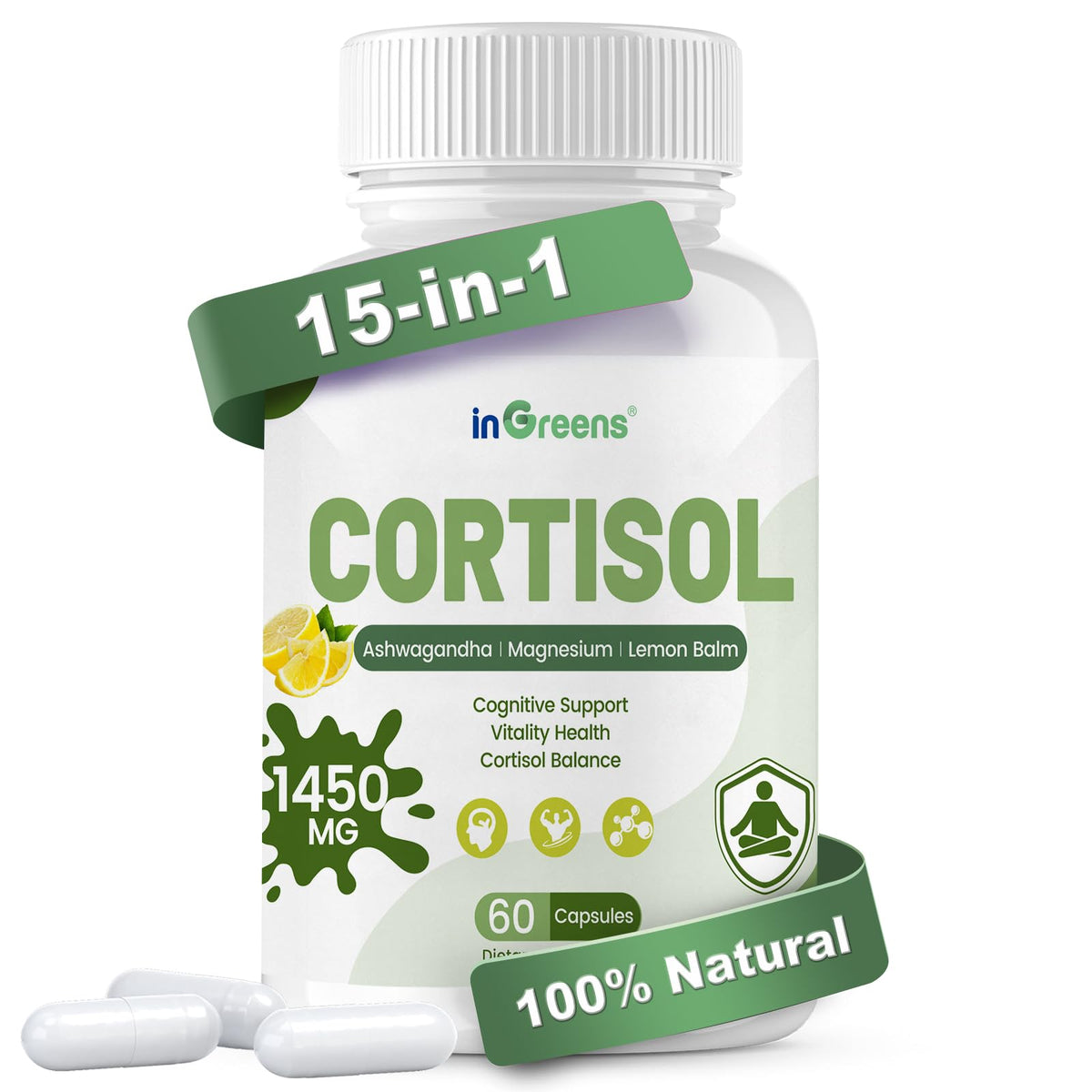 inGreens Cortisol Support Capsules front view with bottle and label