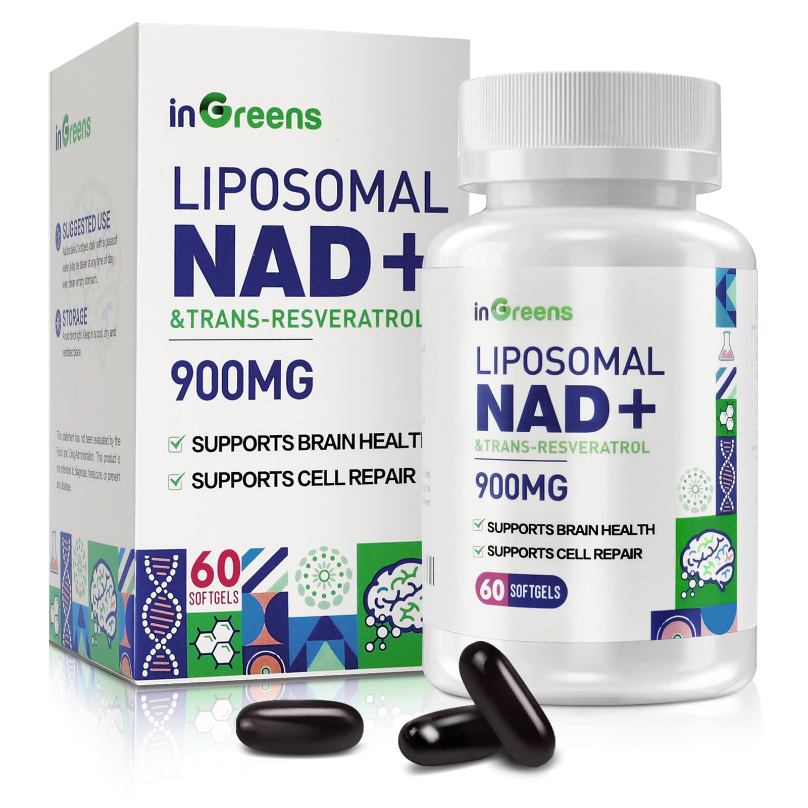 inGreens NAD+ Resveratrol 900mg softgels front view