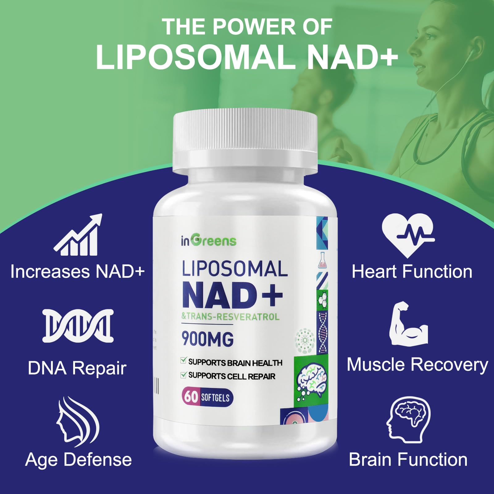 inGreens NAD+ Resveratrol 900mg softgels on a table