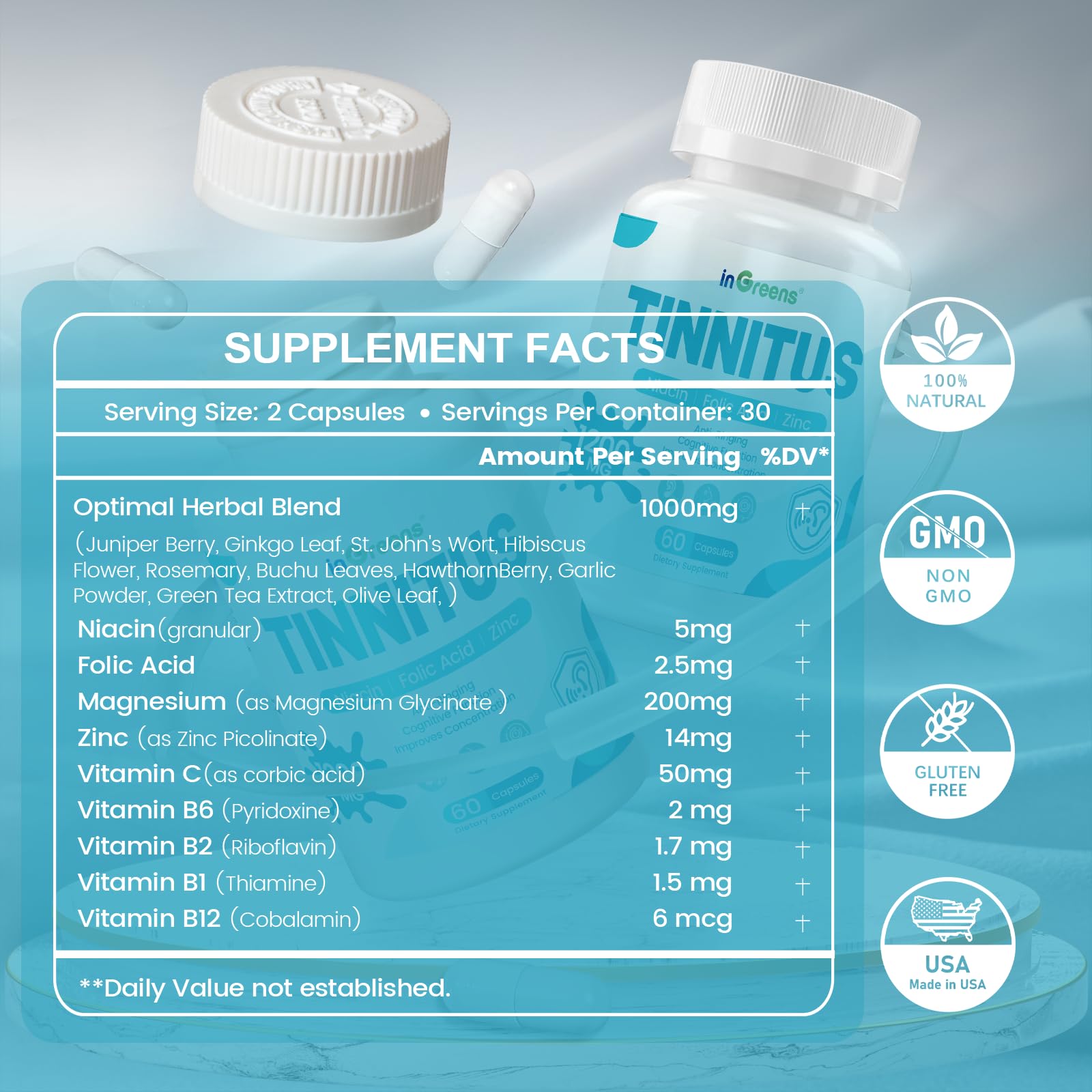 inGreens Tinnitus Reliever herbal supplement side view