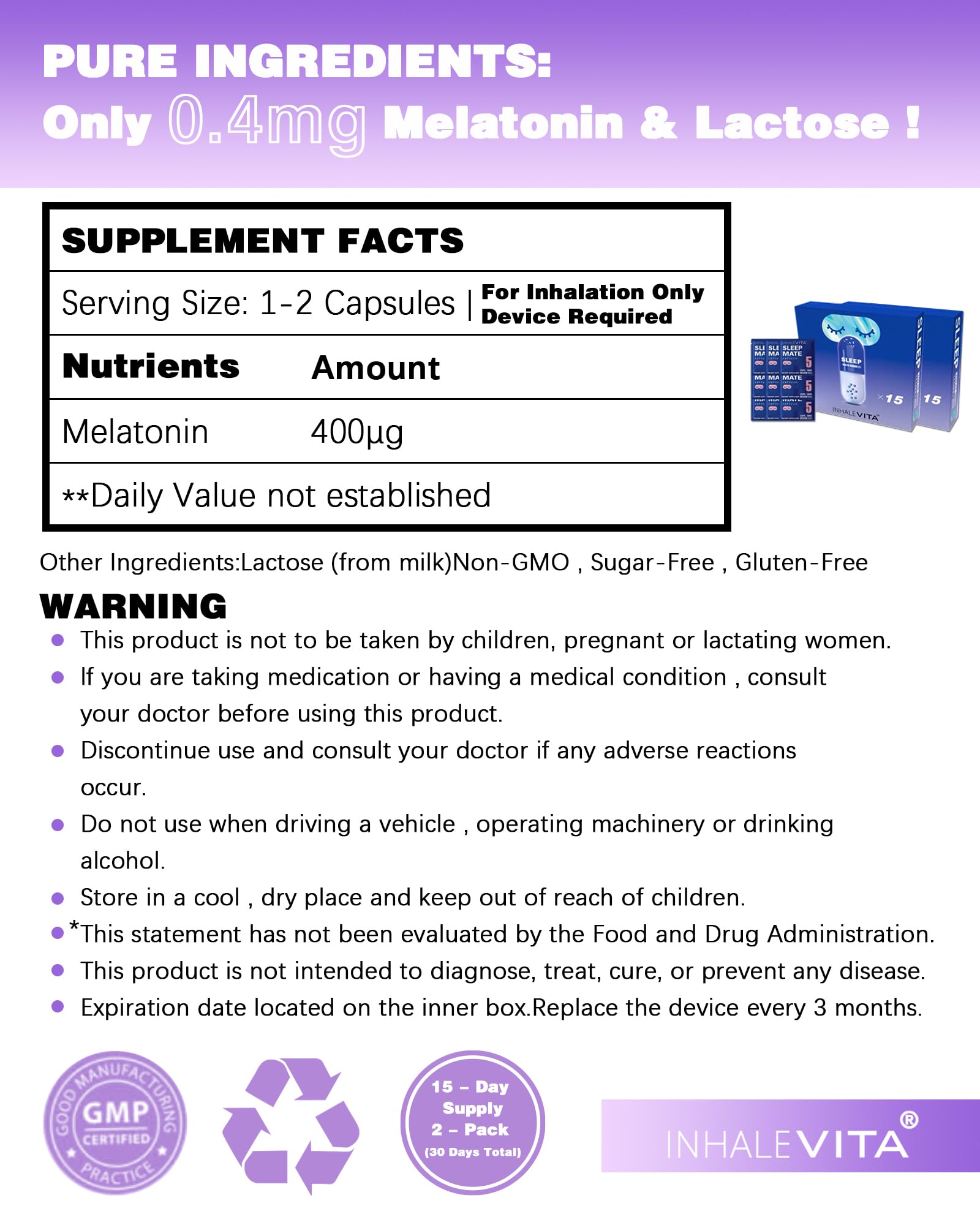 INHALEVITA Melatonin Inhaler Capsules with travel accessories