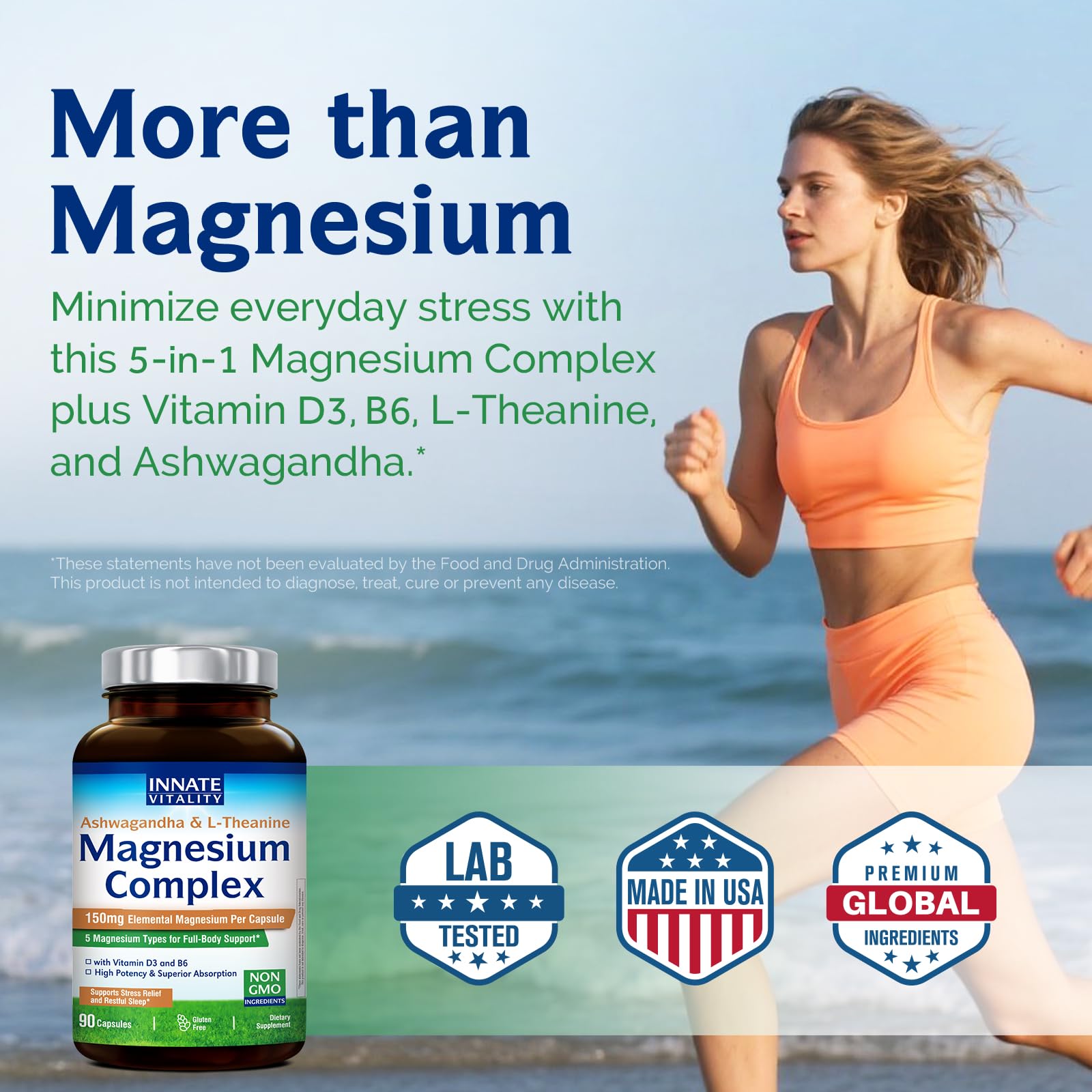 Innate Vitality Magnesium Complex 150mg capsules on a wooden table