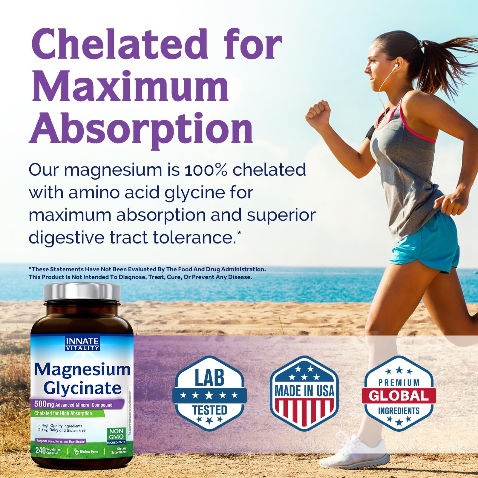 Innate Vitality Magnesium Glycinate capsules on a wooden surface