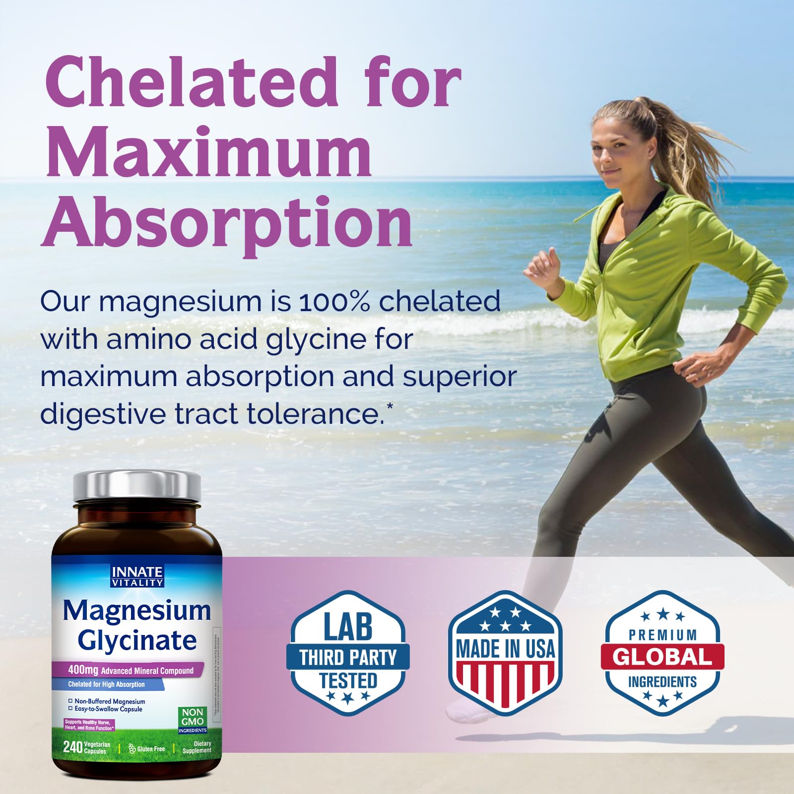 Innate Vitality Magnesium Glycinate capsules on a wooden table