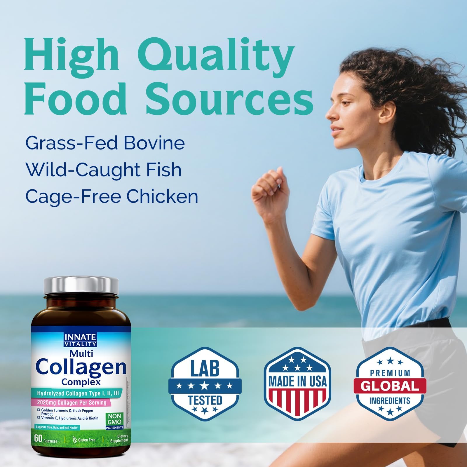 Innate Vitality Multi Collagen Complex capsules on a wooden surface