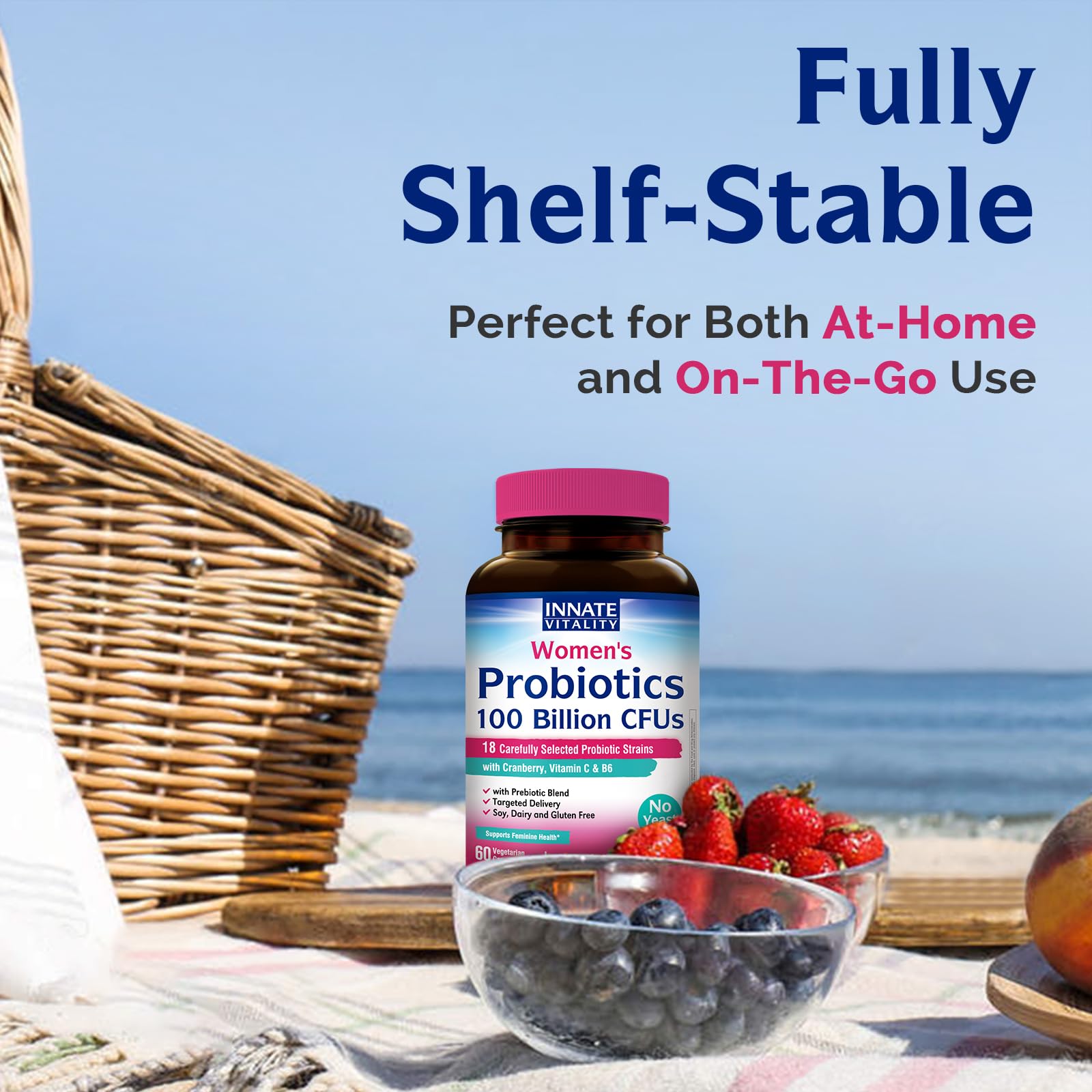 Innate Vitality Probiotics capsules on a wooden table