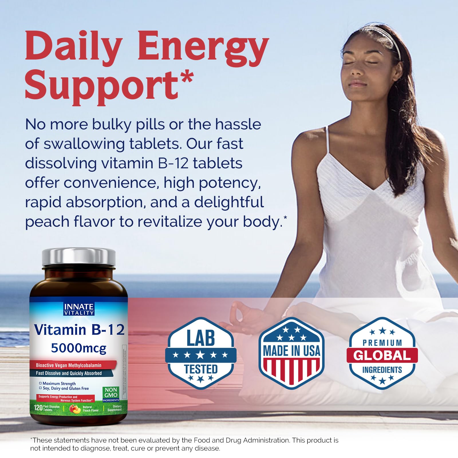 Innate Vitality Vitamin B12 tablet on a wooden surface