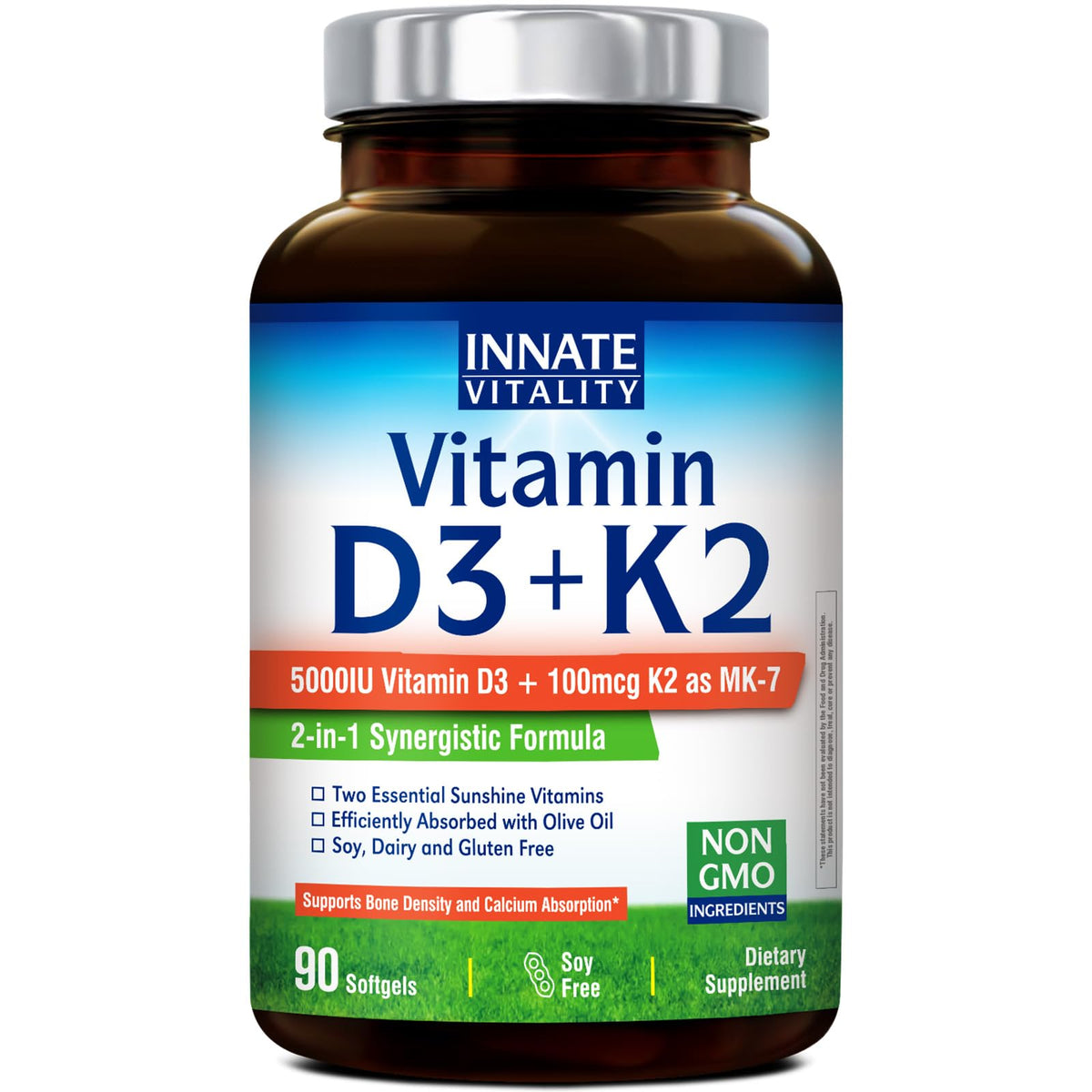 Innate Vitality Vitamin D3 & K2 5000 IU softgels front view