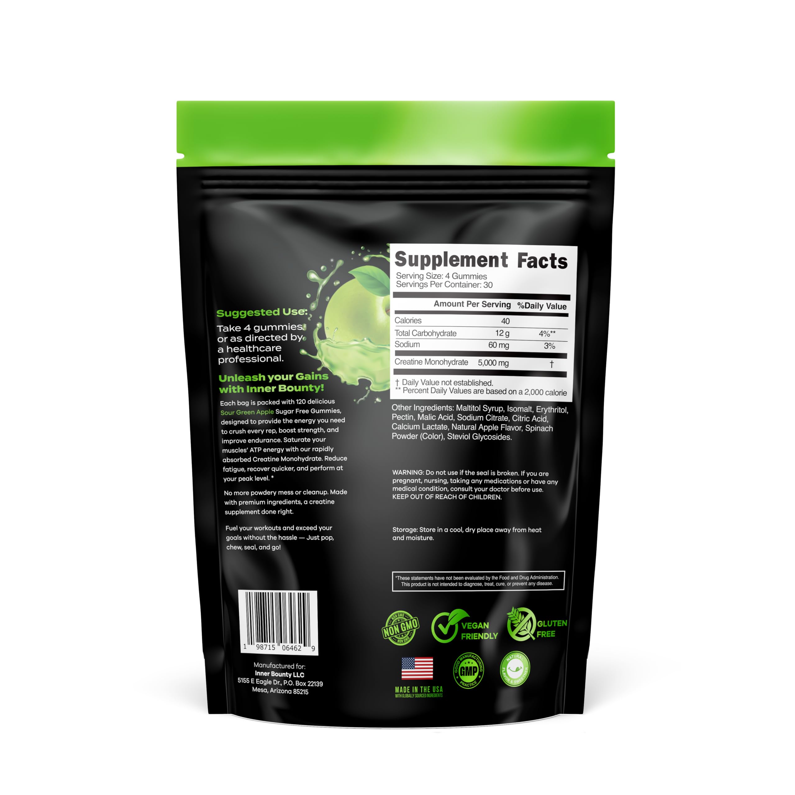 Inner Bounty Creatine Gummies sour green apple flavour