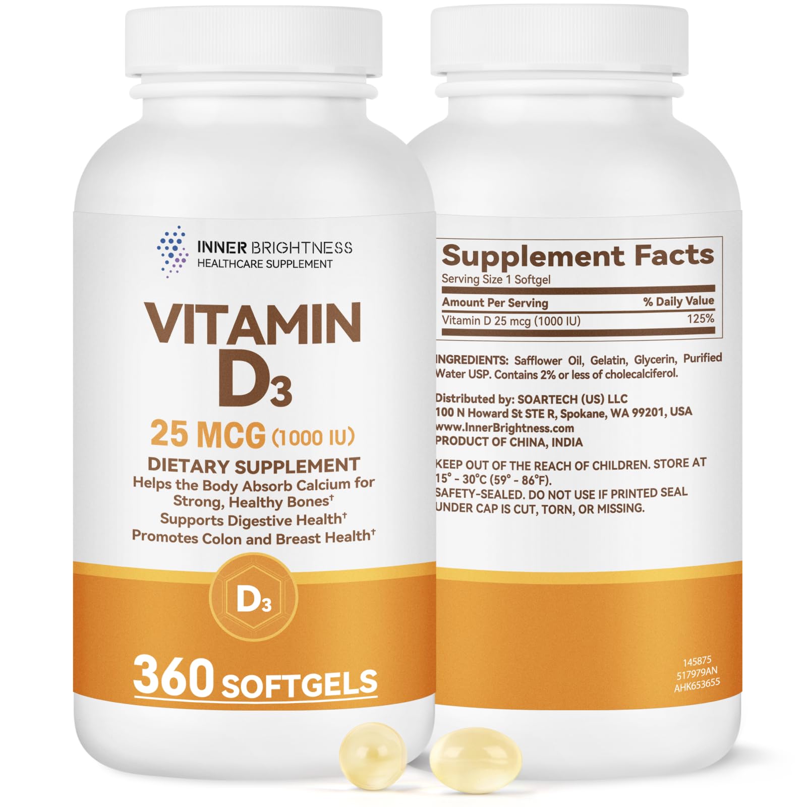Inner Brightness Vitamin D3 softgels with a glass of water
