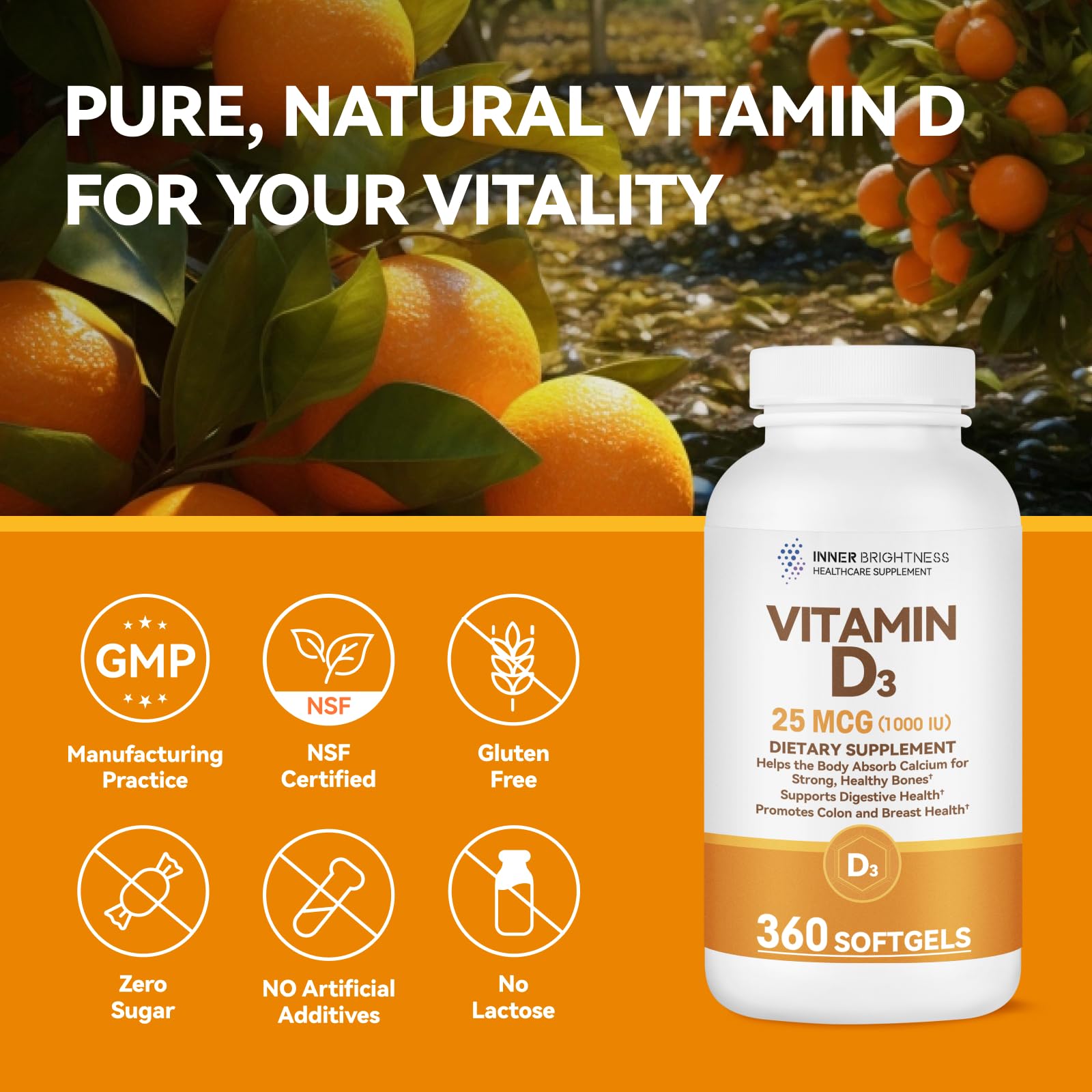Inner Brightness Vitamin D3 softgels with a measuring spoon