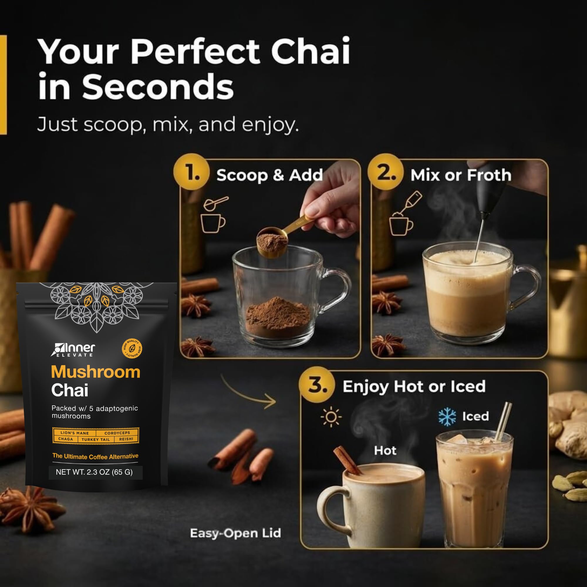 Inner support Mushroom Chai Supplement 68g in a cup with chai tea