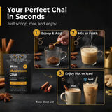 Inner support Mushroom Chai Supplement 68g in a cup with chai tea