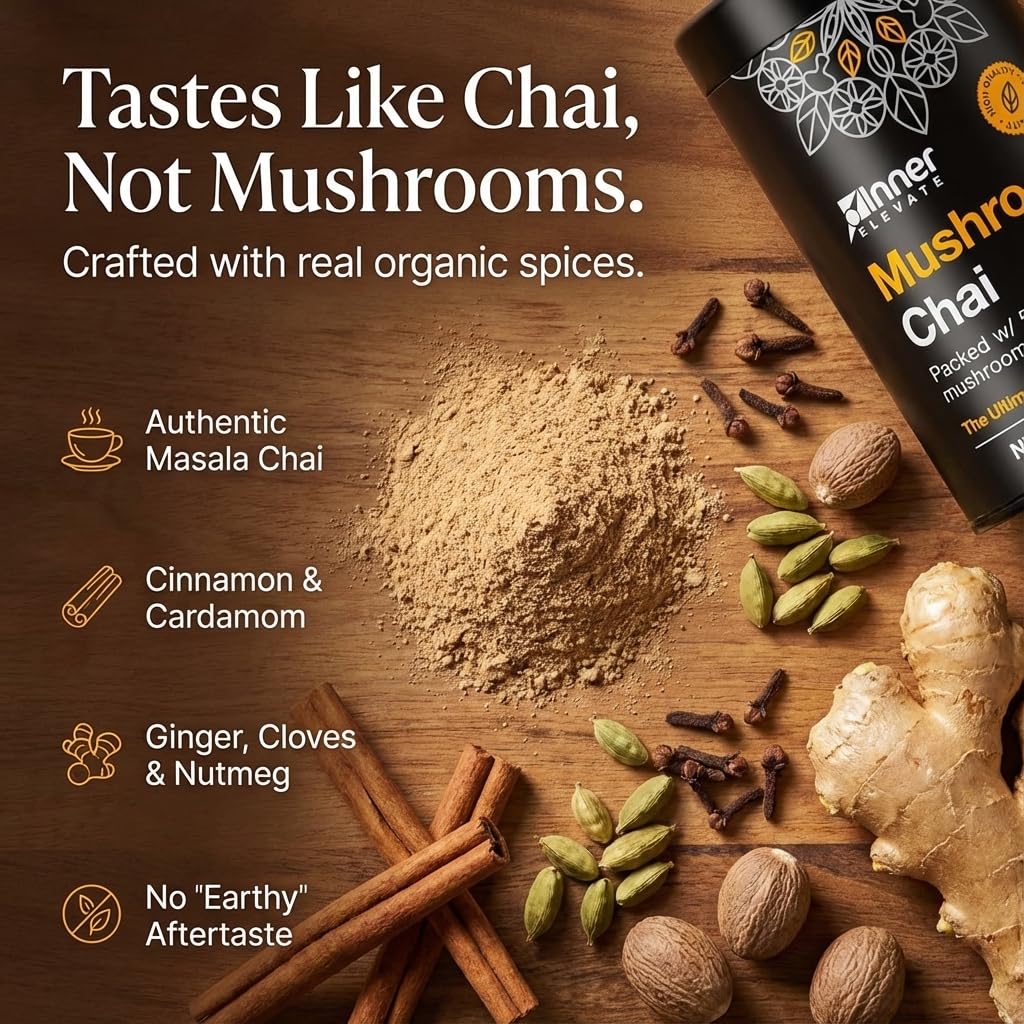 Inner support Mushroom Chai Supplement 68g on a wooden table with spices